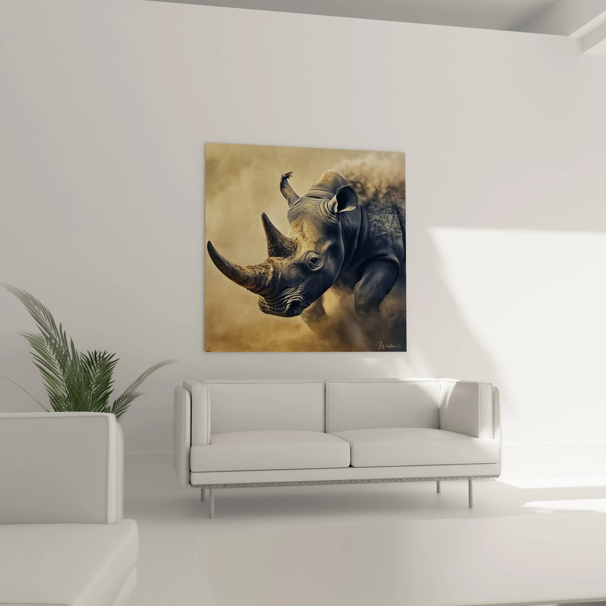 Tableau rhinocéros Walensky accroché au mur d'un salon moderne avec canapé blanc et plante verte
