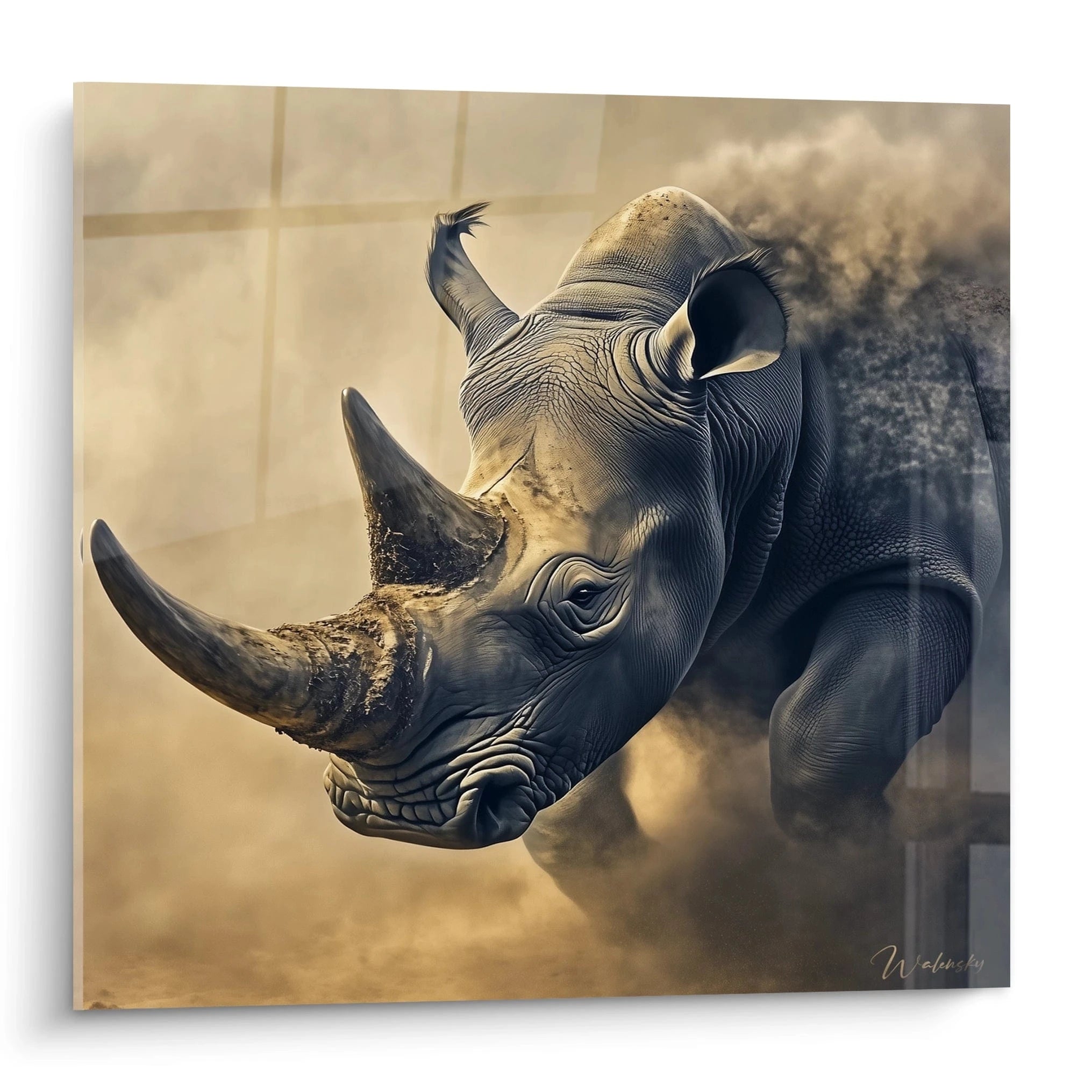 Tableau rhinocéros Walensky avec image réaliste de rhinocéros dans la poussière en tons beige et gris