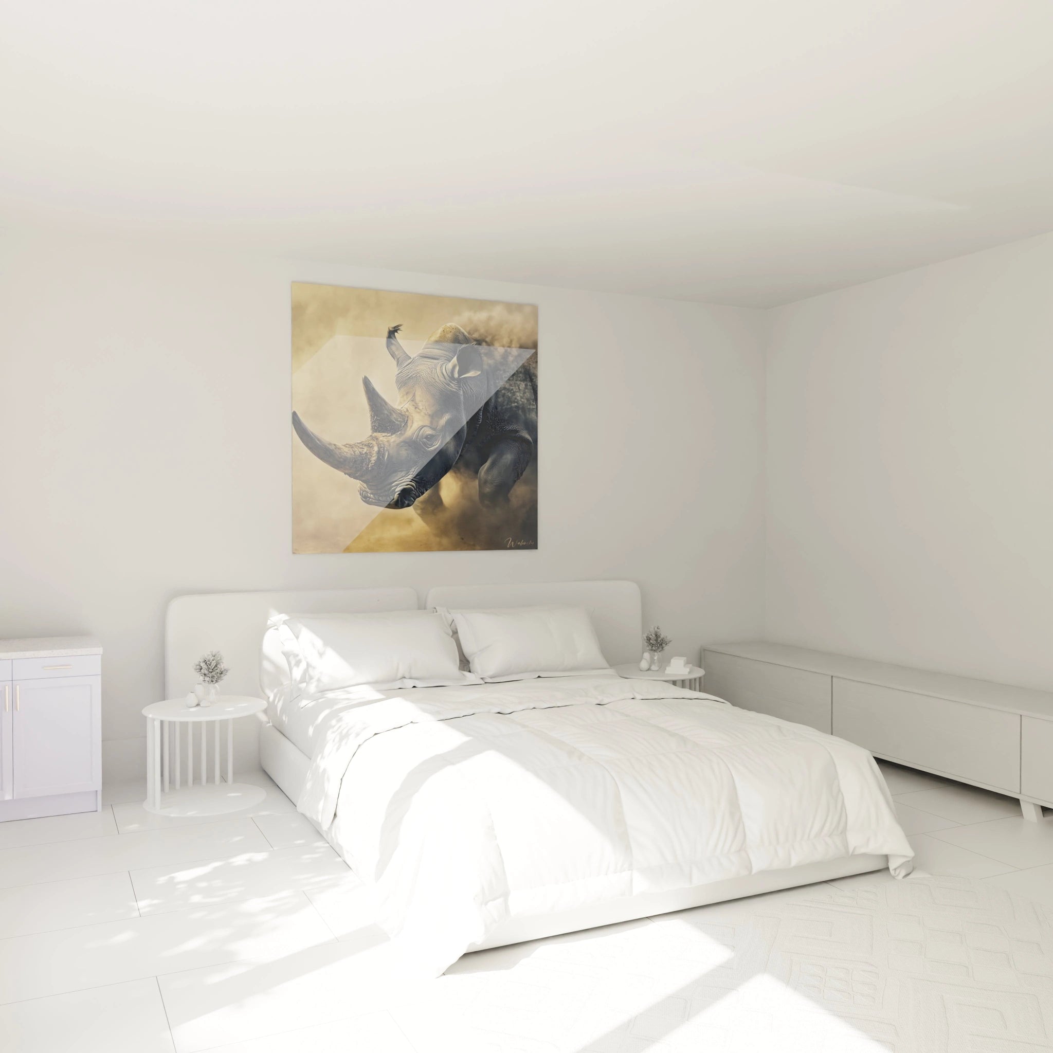 Tableau rhinocéros Walensky décorant un mur blanc dans une chambre lumineuse et moderne