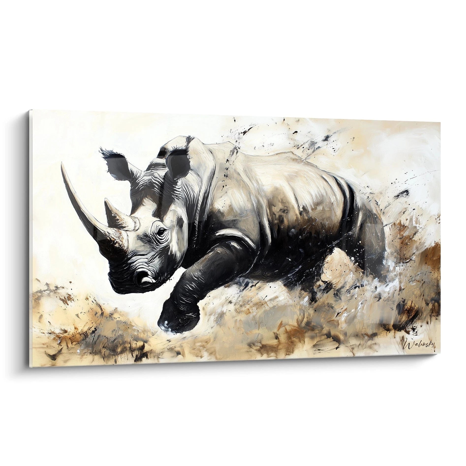 Tableau rhinocéros Walensky représentant un rhinocéros dynamique en mouvement avec des teintes de noir et beige