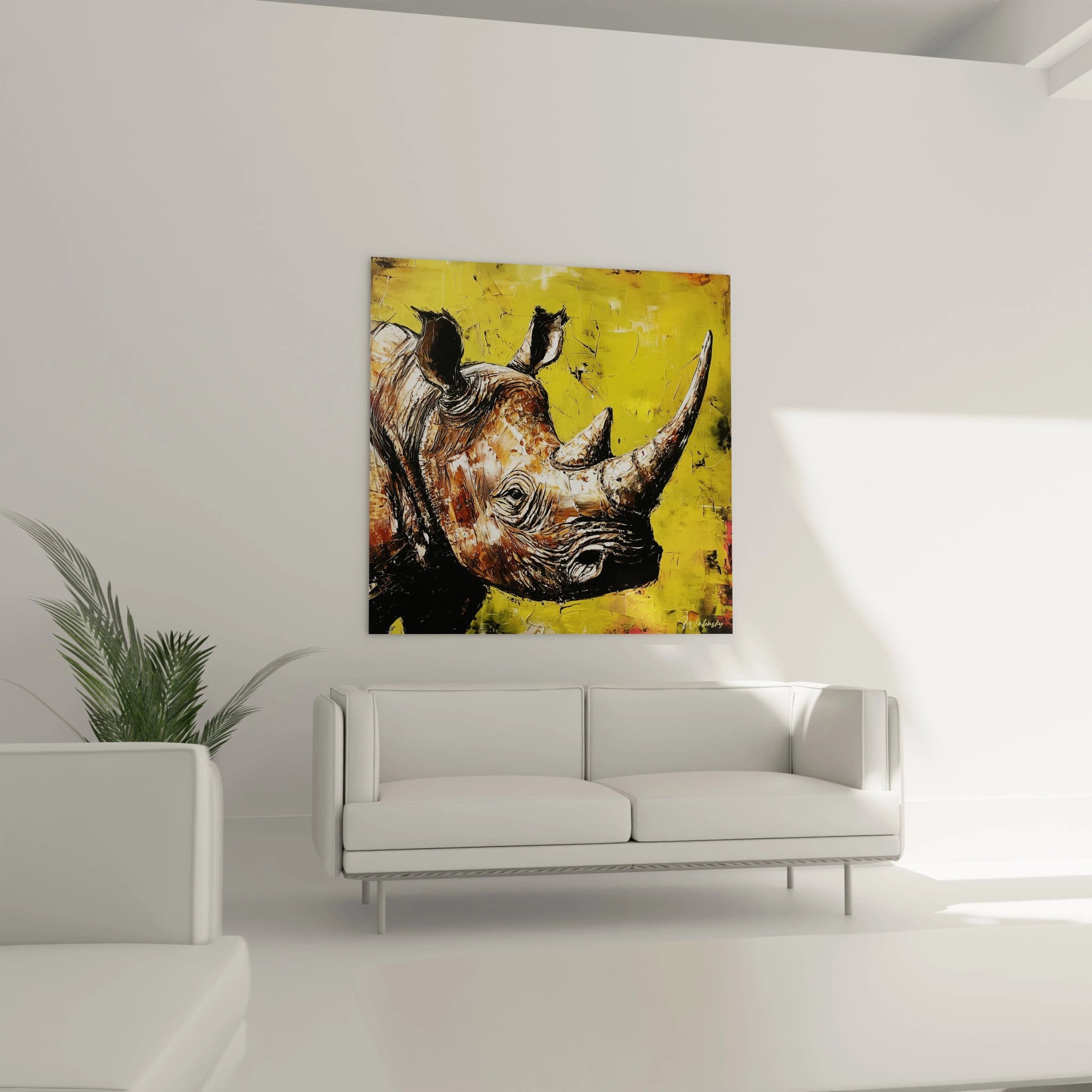 Tableau rhinocéros Walensky accroché au mur d'un salon moderne blanc et lumineux