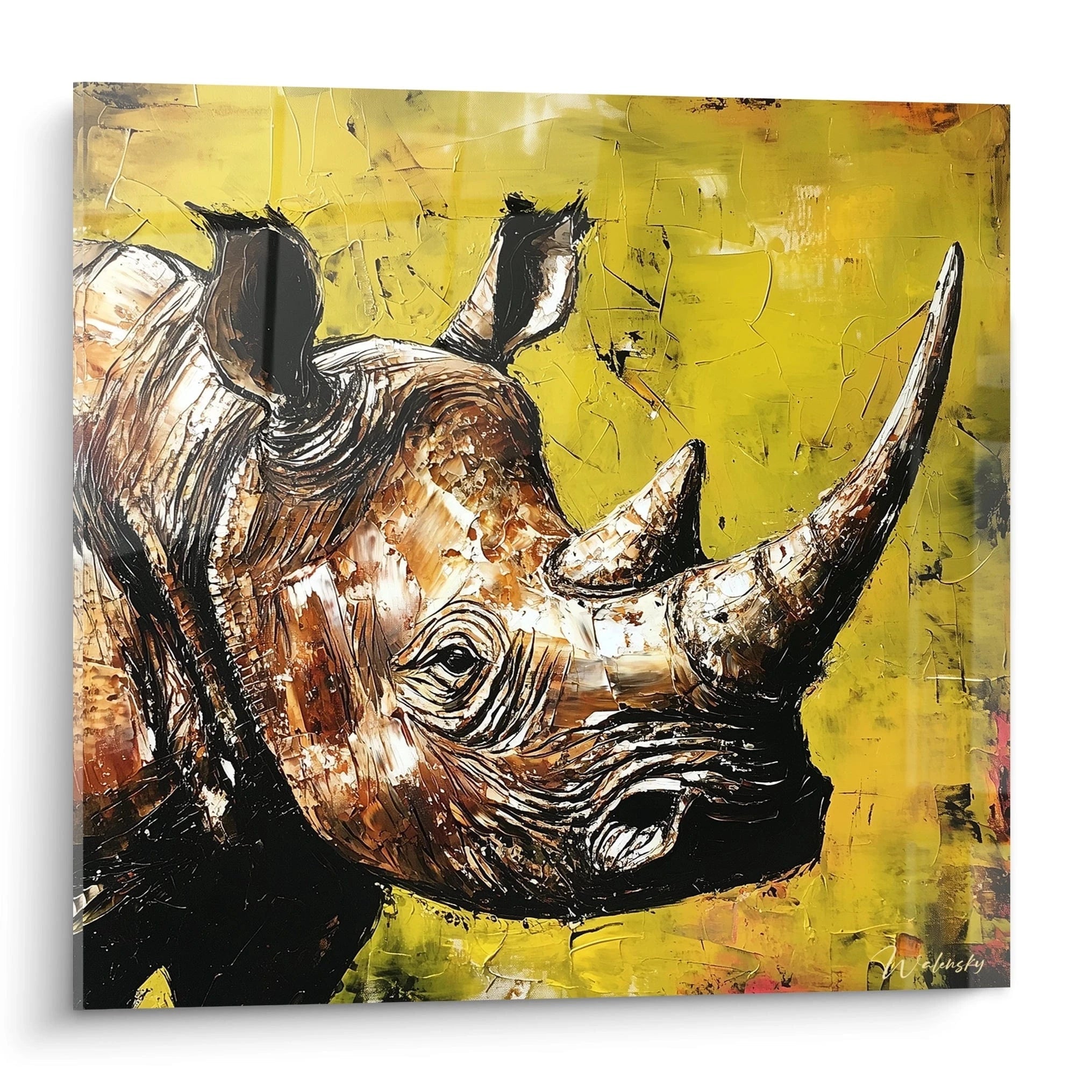 Tableau rhinocéros Walensky avec peinture texturée en tons marron et fond jaune vibrant