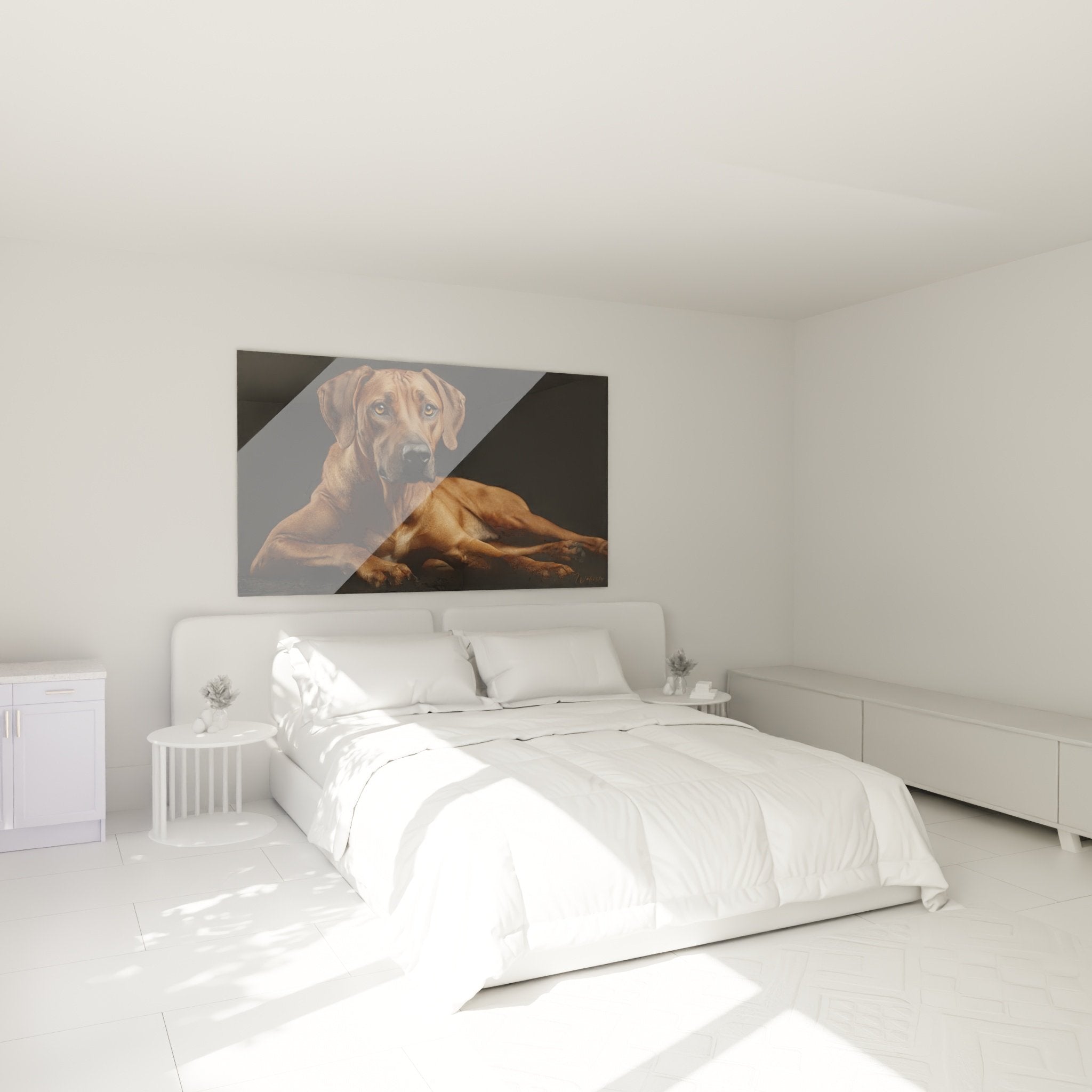 Fawn Rhodesian Ridgeback wall art in modern bedroom with white walls and natural wood furniture