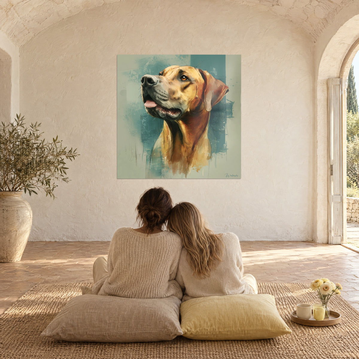 Πίνακας Ridgeback σε προφίλ, μισάνοιχτο στόμα, φόντο αμυγδαλί πράσινο και μπλε, δύο νέες γυναίκες από πίσω καθισμένες σε μπεζ μαξιλάρια