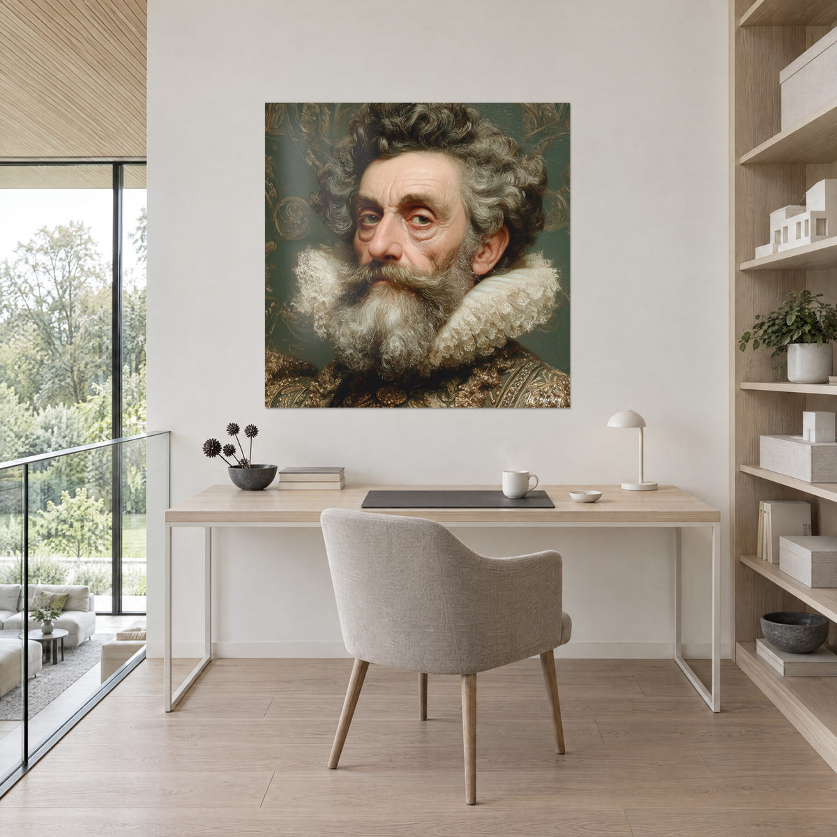 Cuadro del rostro arrugado de un aristócrata de larga barba gris, cuello de encaje blanco, arabescos dorados sobre verde, encima de un escritorio claro