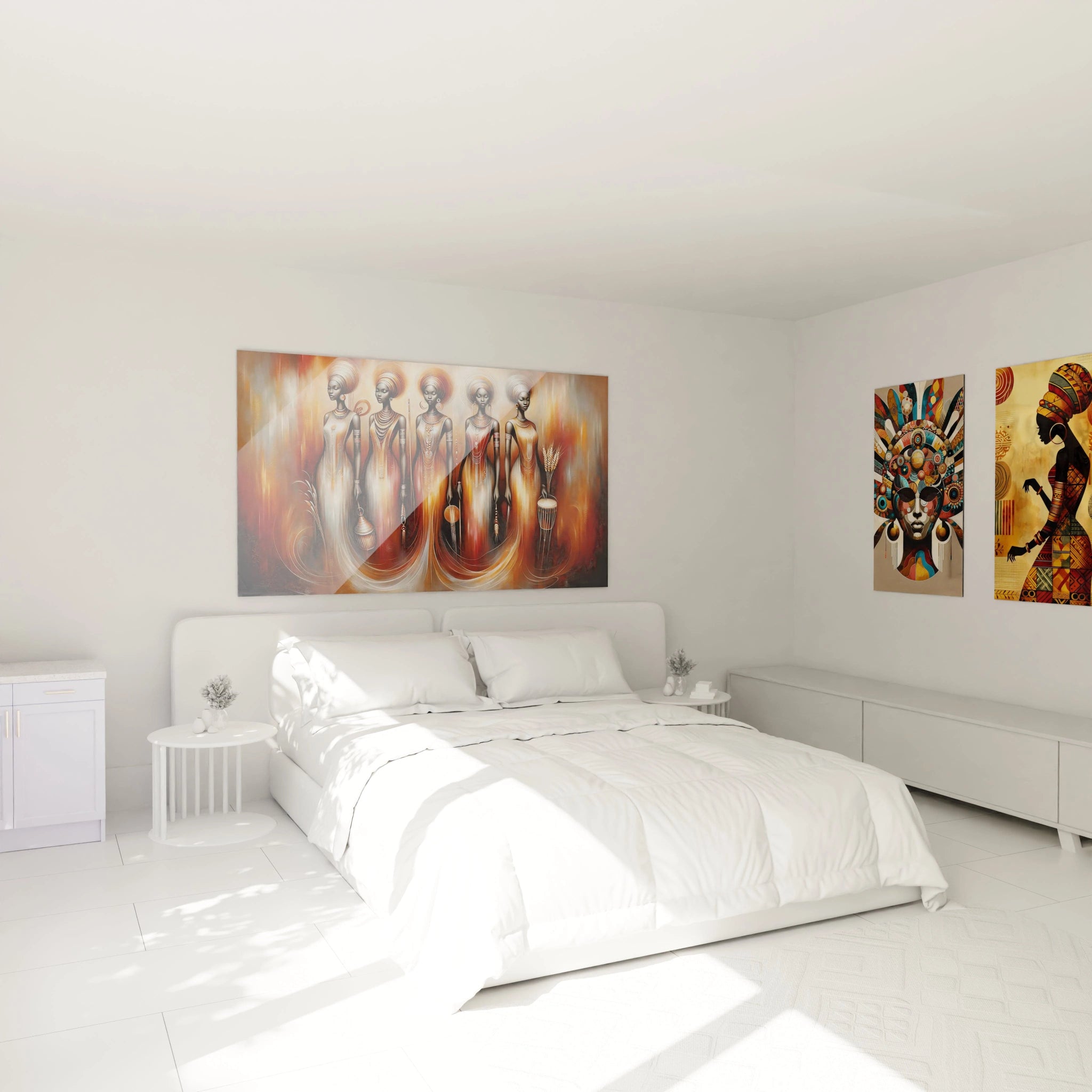 Dans une chambre, ce tableau africain au-dessus du lit émet une douce lumière dorée, mettant en valeur les formes élégantes et la richesse culturelle des femmes africaines, créant une ambiance apaisante.