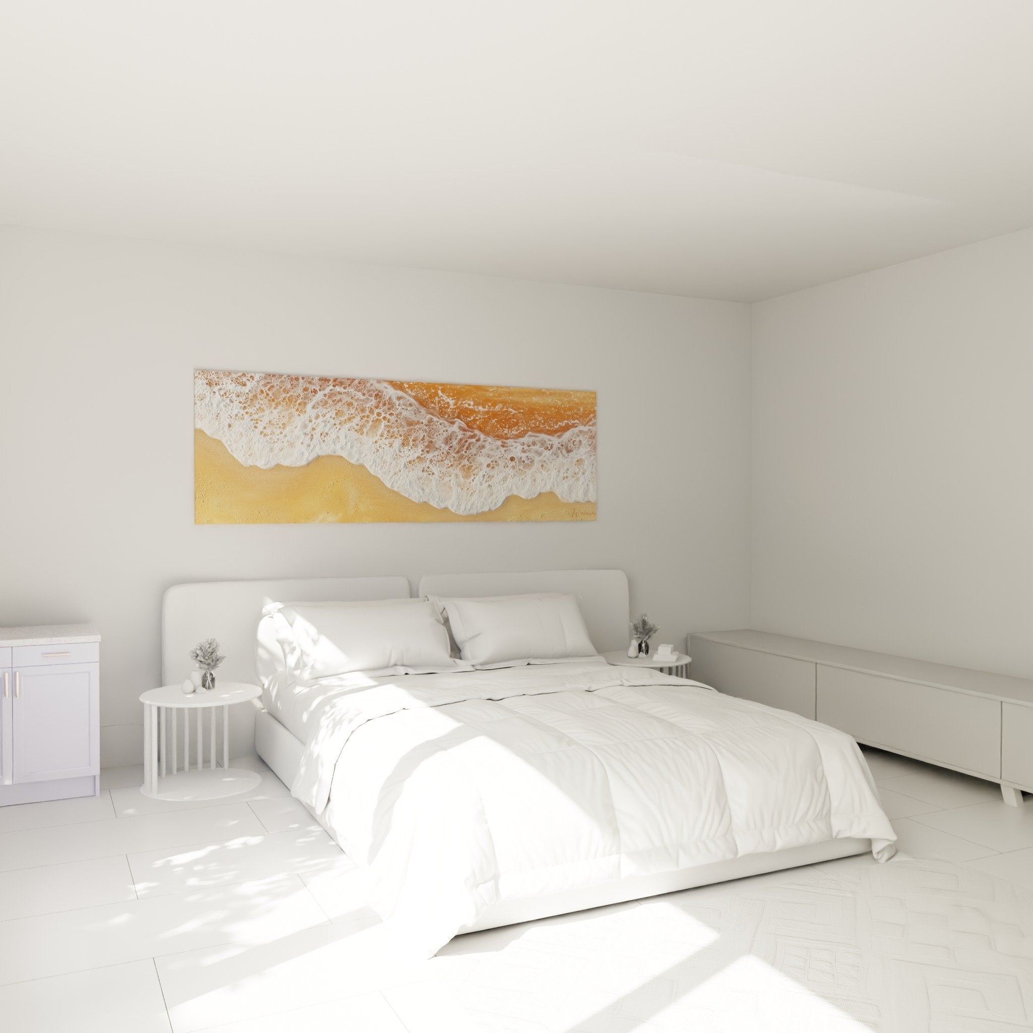 Tableau vagues dorées écume blanche déco chambre parentale ambiance zen