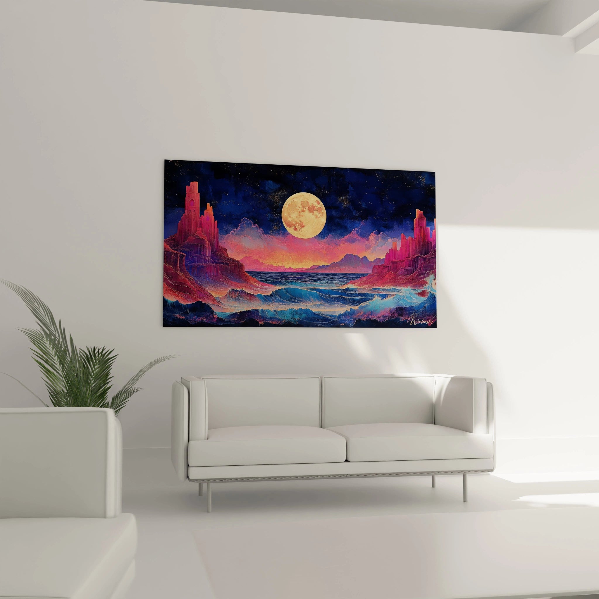 Un tableau paysage marin présentant un monde imaginaire aux couleurs vives où des falaises rouges encadrent une étendue d'eau bleue agitée, avec une imposante lune jaune-orange au centre et des nuages roses à l'horizon.