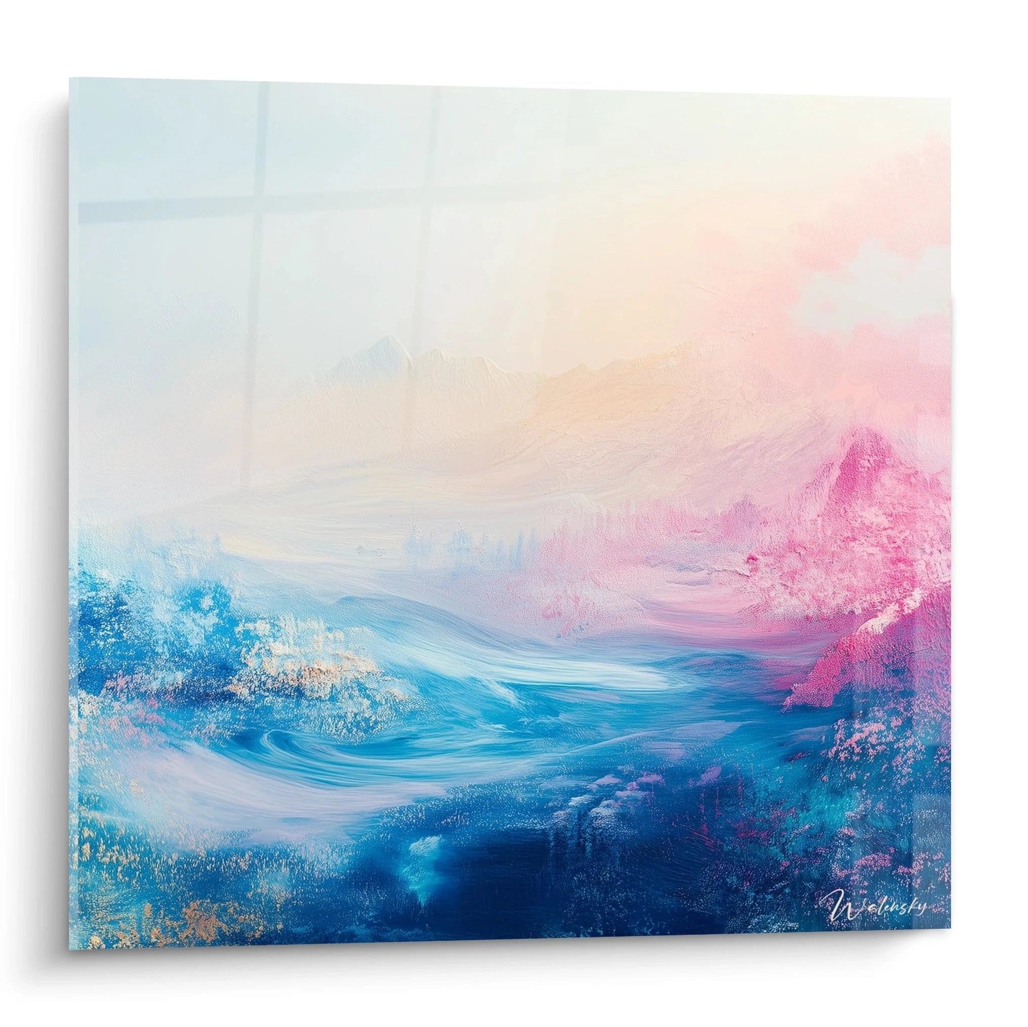 Tableau peinture abstrait de Walensky avec des nuances de bleu et rose représentant un paysage apaisant