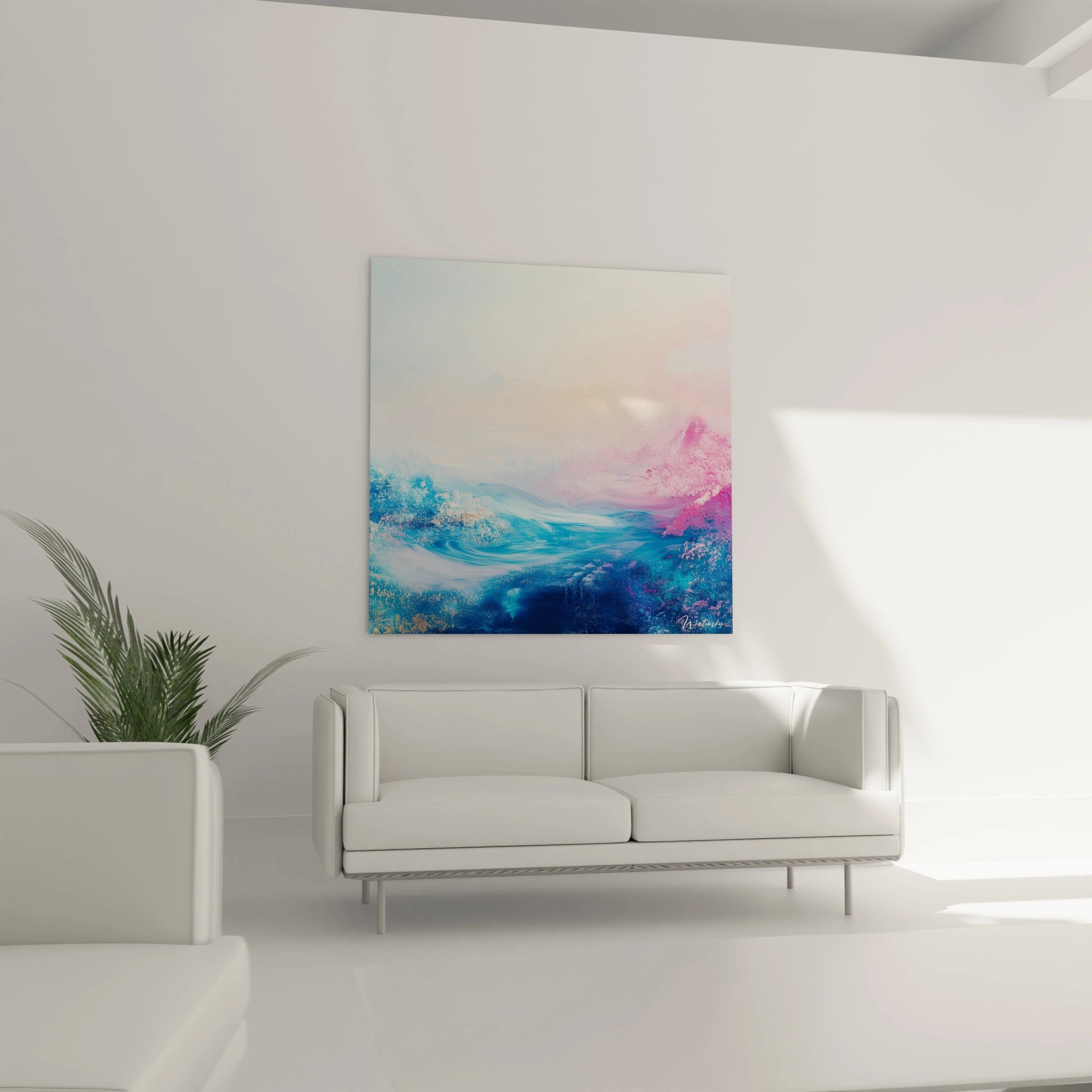 Tableau de peinture abstraite Walensky avec des nuances de bleu et rose pour décorer votre intérieur moderne