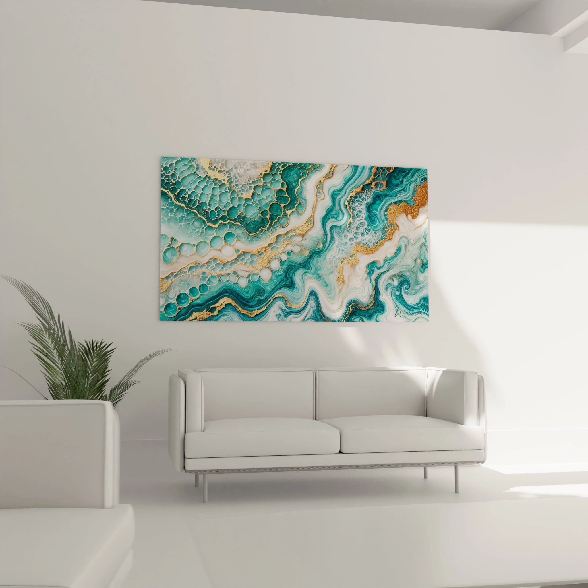 Dans un salon moderne, ce tableau style epoxy, aux reflets dorés et bleus, se marie parfaitement avec les éléments naturels, évoquant une sensation de calme et de luxe.