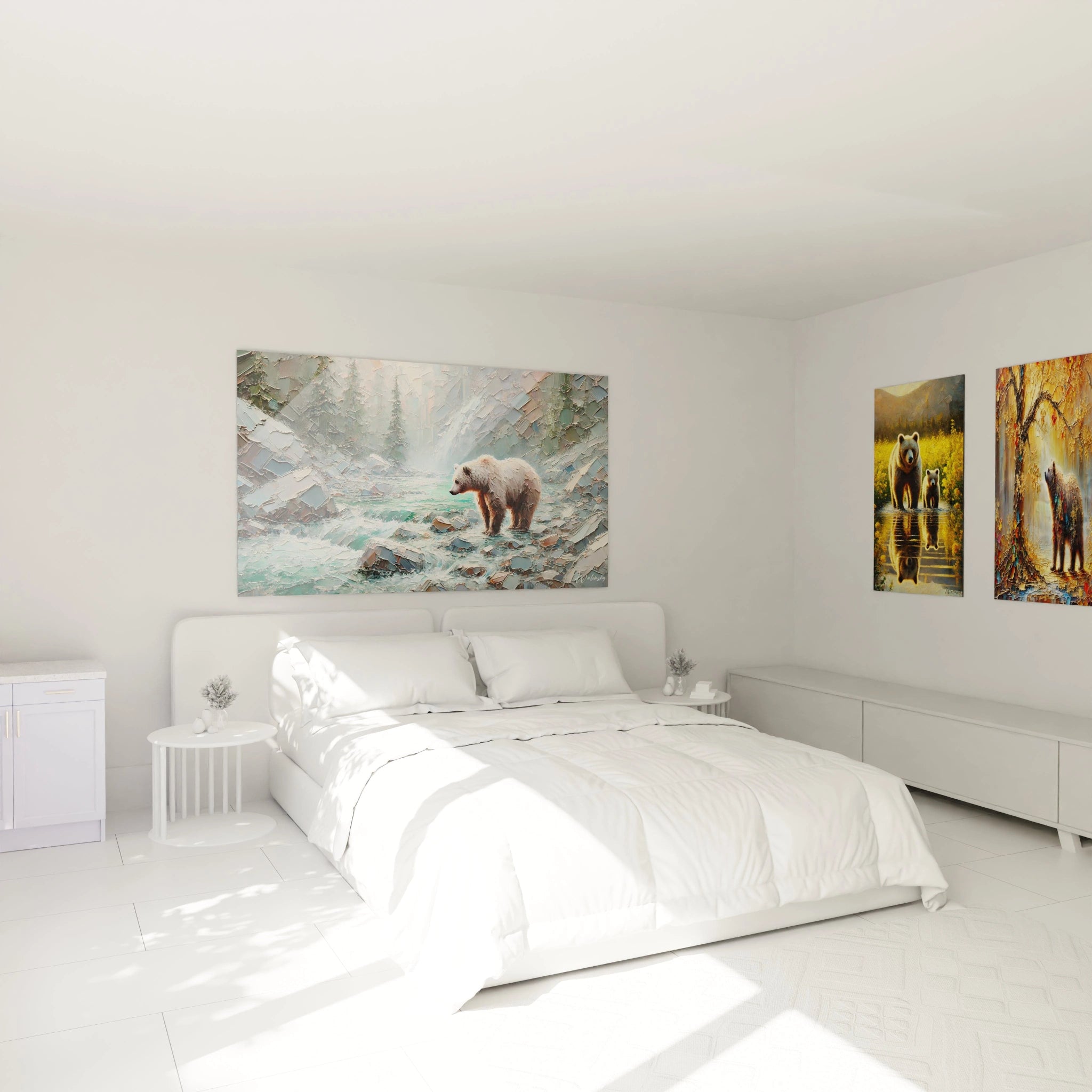 Sublimez votre chambre avec ce tableau ours brun au-dessus du lit. Son atmosphère apaisante et ses nuances naturelles apportent calme et sérénité à votre intérieur.