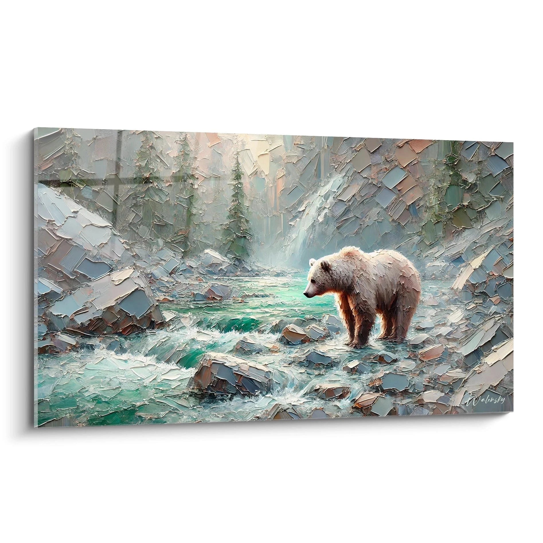 Découvrez le tableau ours brun, une œuvre captivante mettant en scène un ours majestueux au bord d'une rivière tumultueuse. Parfait pour apporter une touche naturelle à votre espace.