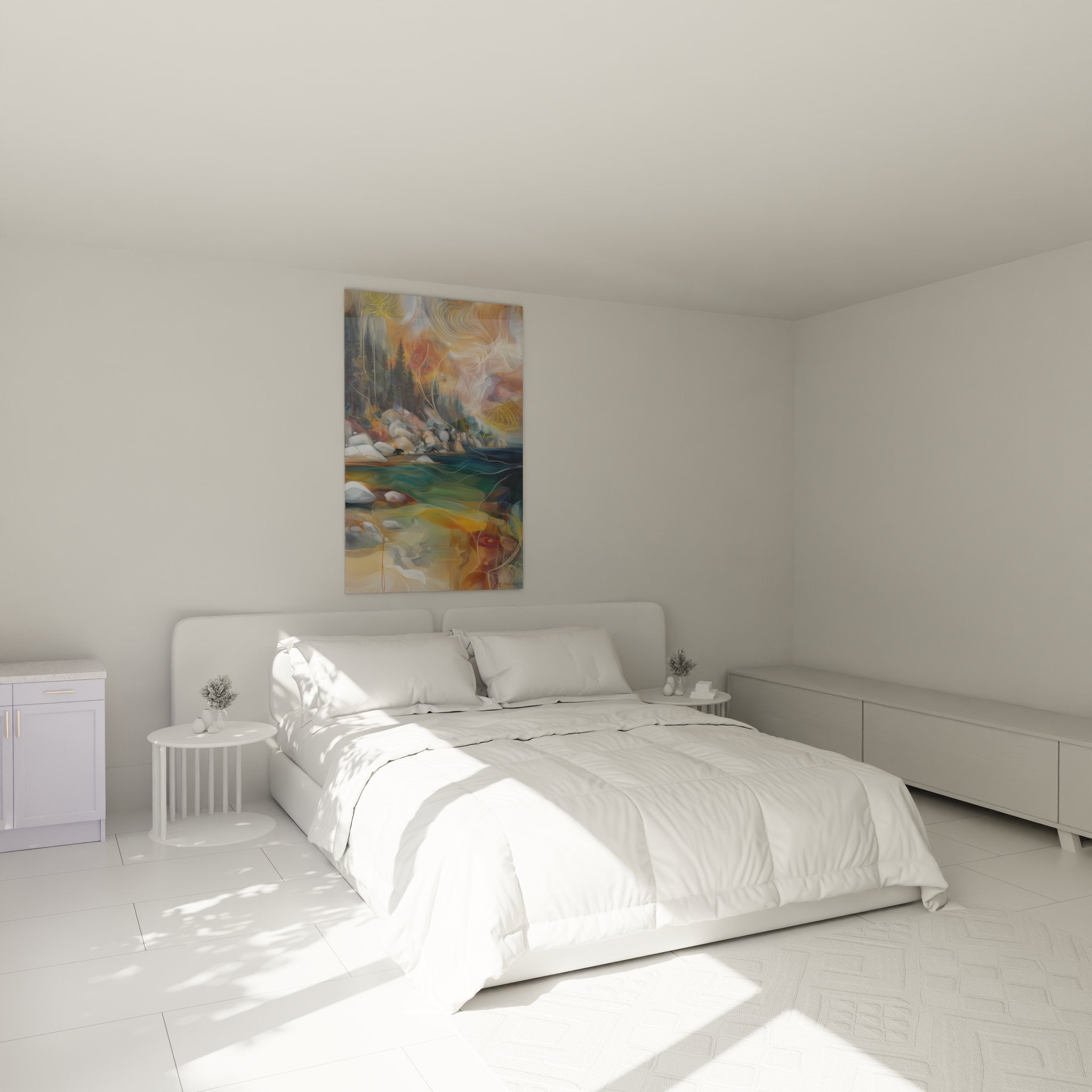 Tableau rivière abstraite dans chambre moderne avec décoration contemporaine