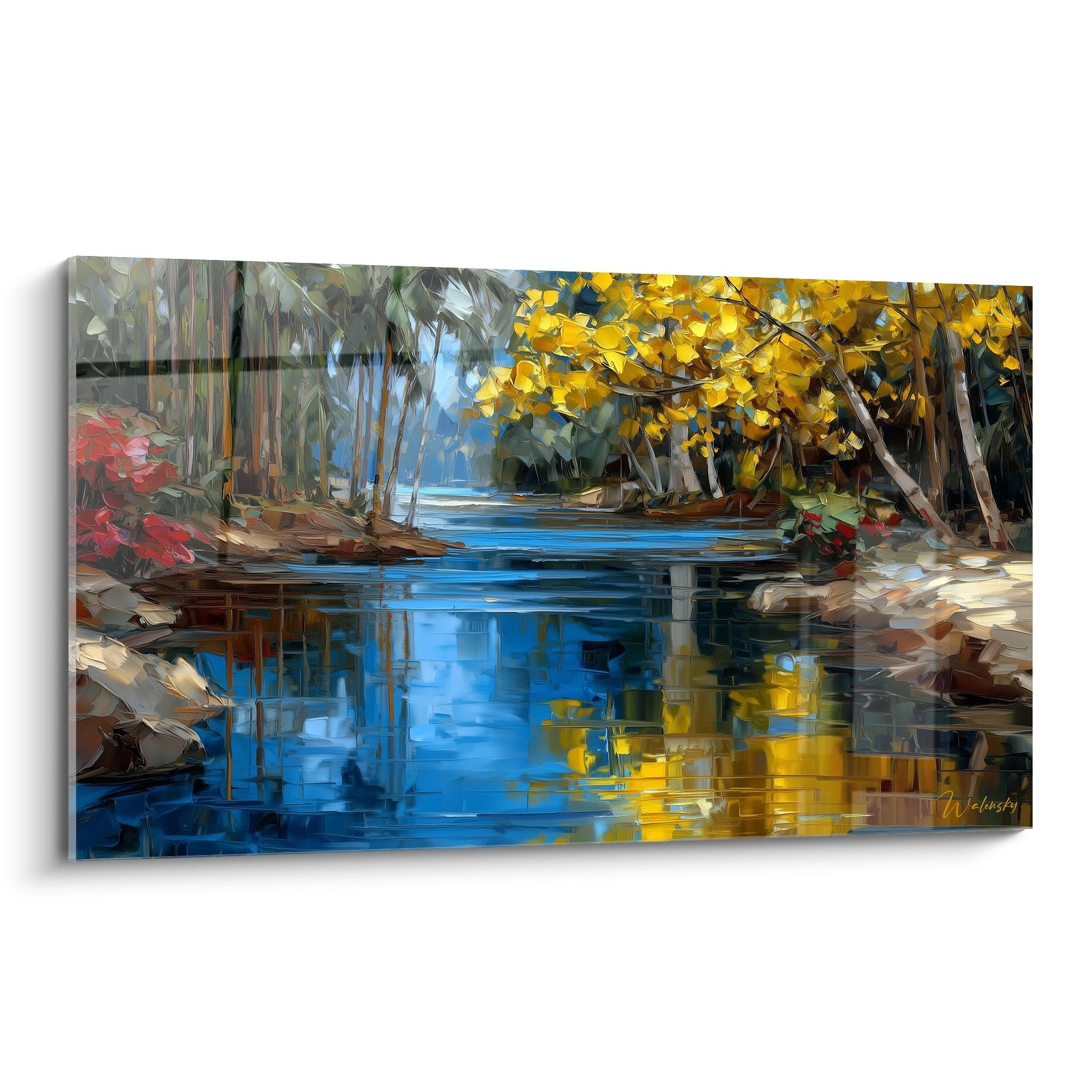 Tableau mural rivière automnale avec reflets dorés et feuillages jaunes dans forêt paisible