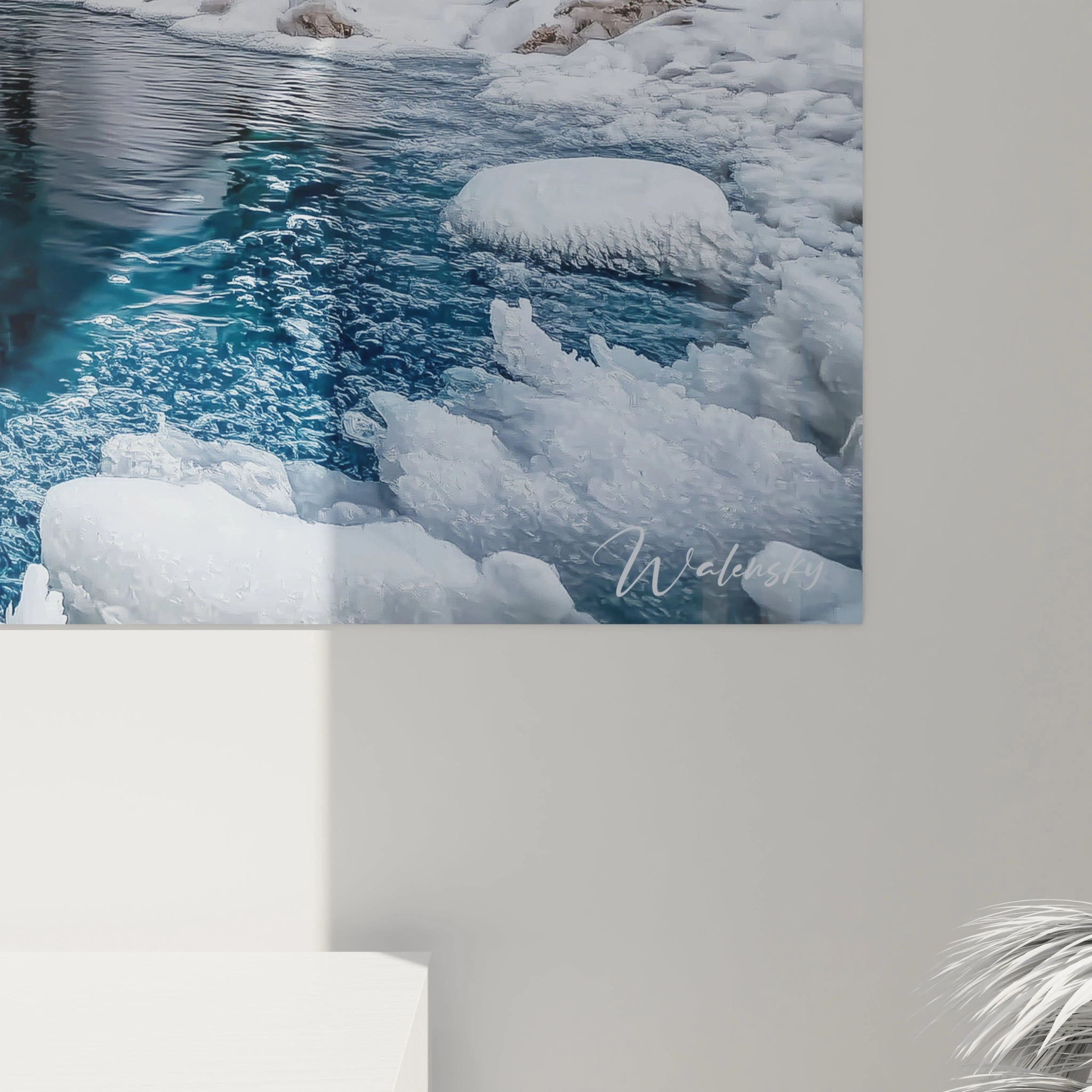 Walensky tableau paysage rivière hivernal imprimé mural montrant rivière glacée et neige détaillée