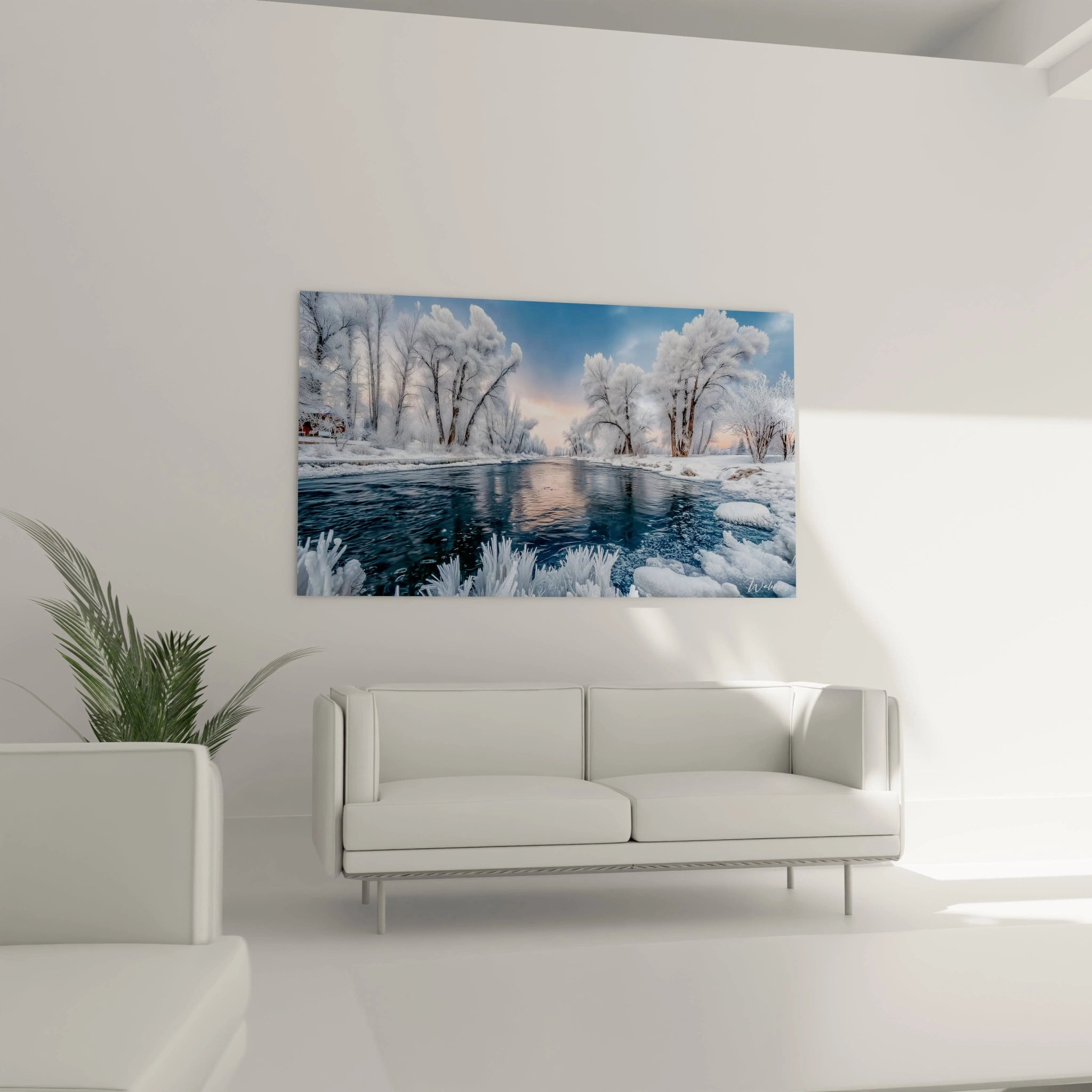 tableau paysage rivière hivernal Walensky montrant une rivière gelée avec arbres enneigés et reflets au dessus d un canapé