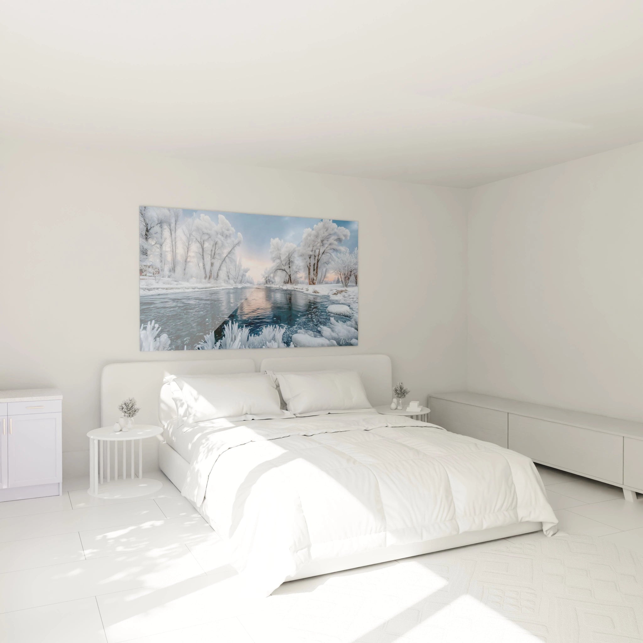 Tableau mural Walensky au dessus d un lit blanc montrant un tableau paysage rivière hivernal enneigé avec arbres givrés et reflet