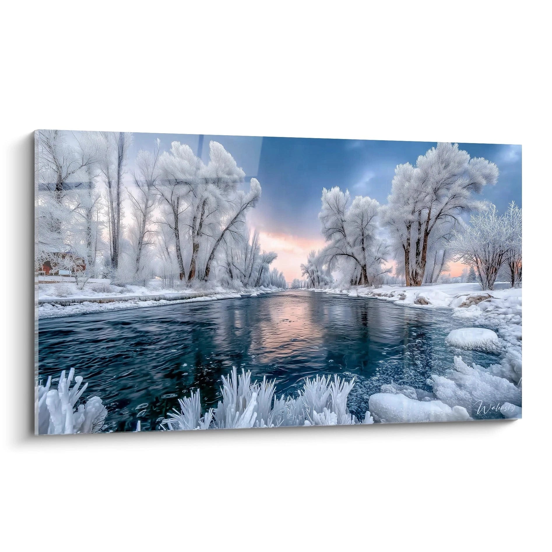 Walensky tableau paysage rivière hivernal panoramique sur toile montrant rivière gelée arbres enneigés décor mural