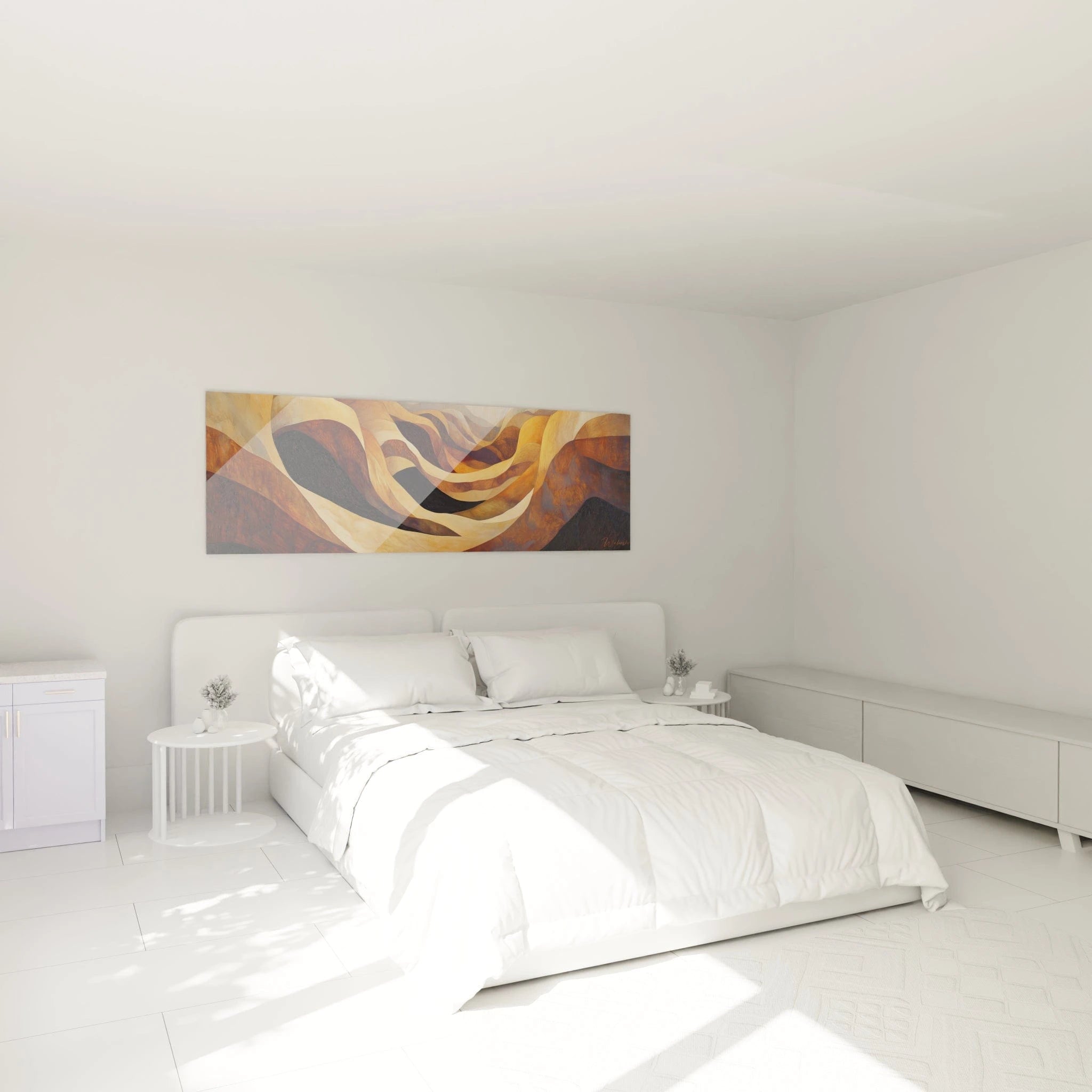 Tableau expressionniste abstrait de Walensky, couleurs chaudes dans une chambre lumineuse