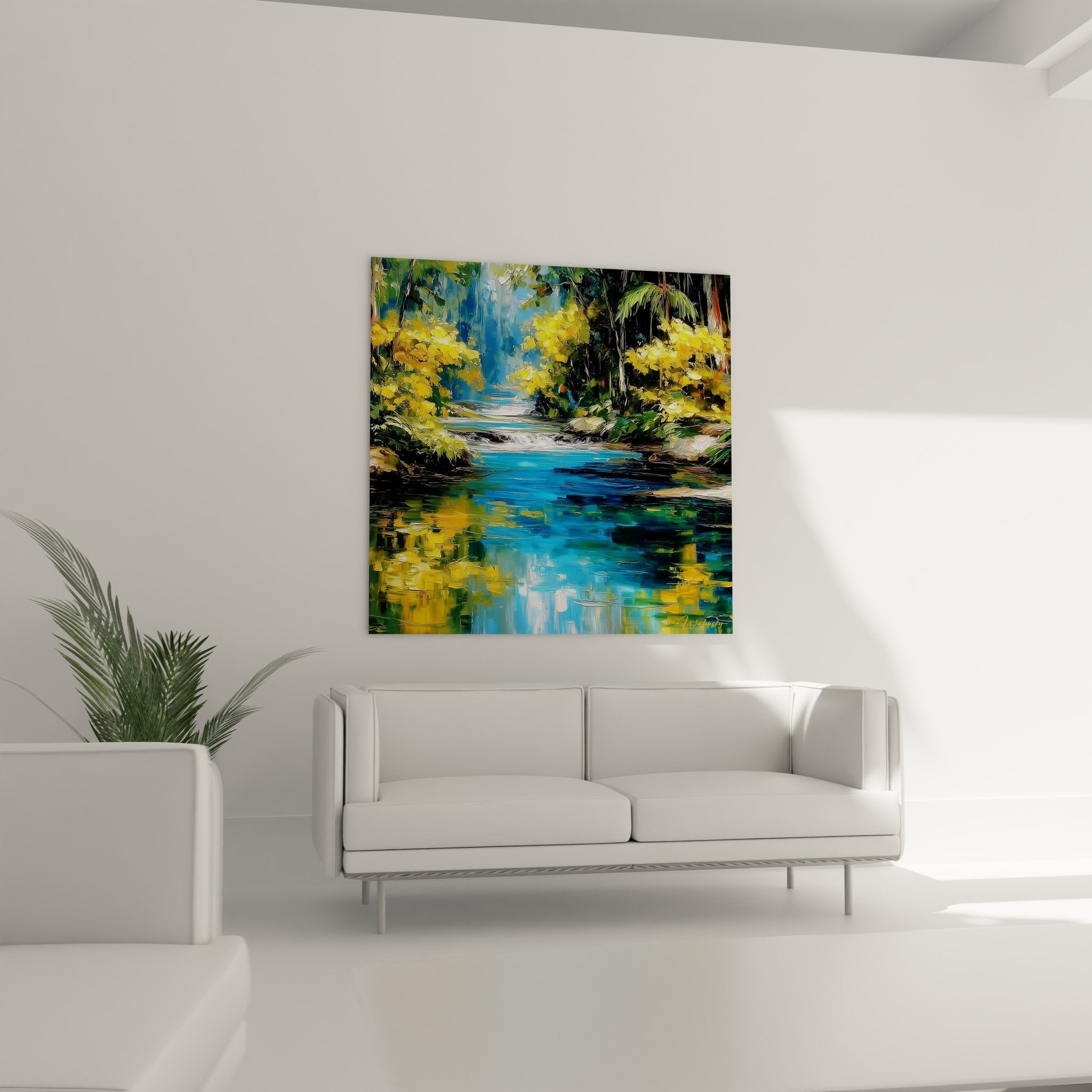 Détail peinture rivière forêt tropicale technique impressionniste reflets eau cascades végétation