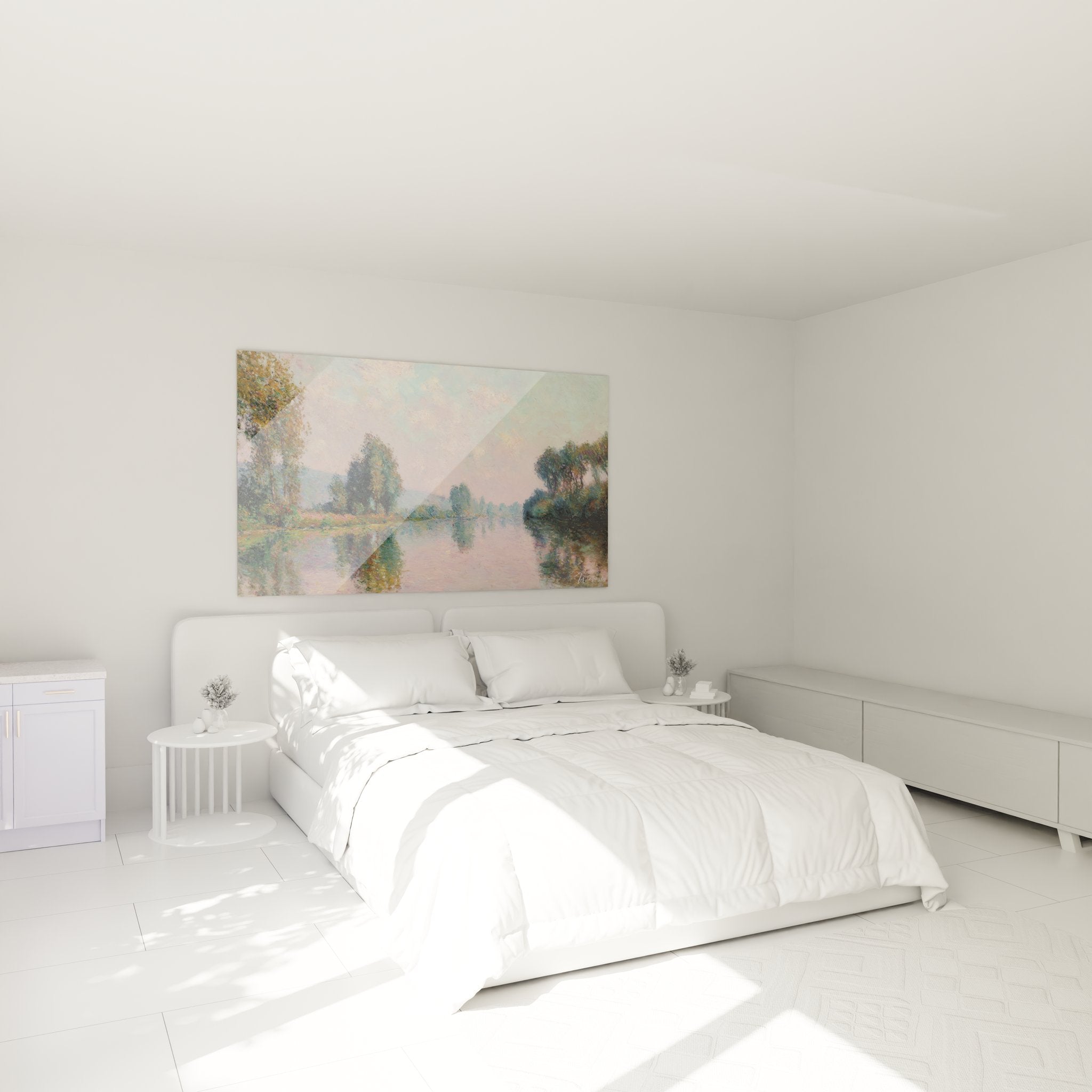 Tableau mural paysage rivière impressionniste décorant une chambre moderne avec reflets dorés et ambiance sereine