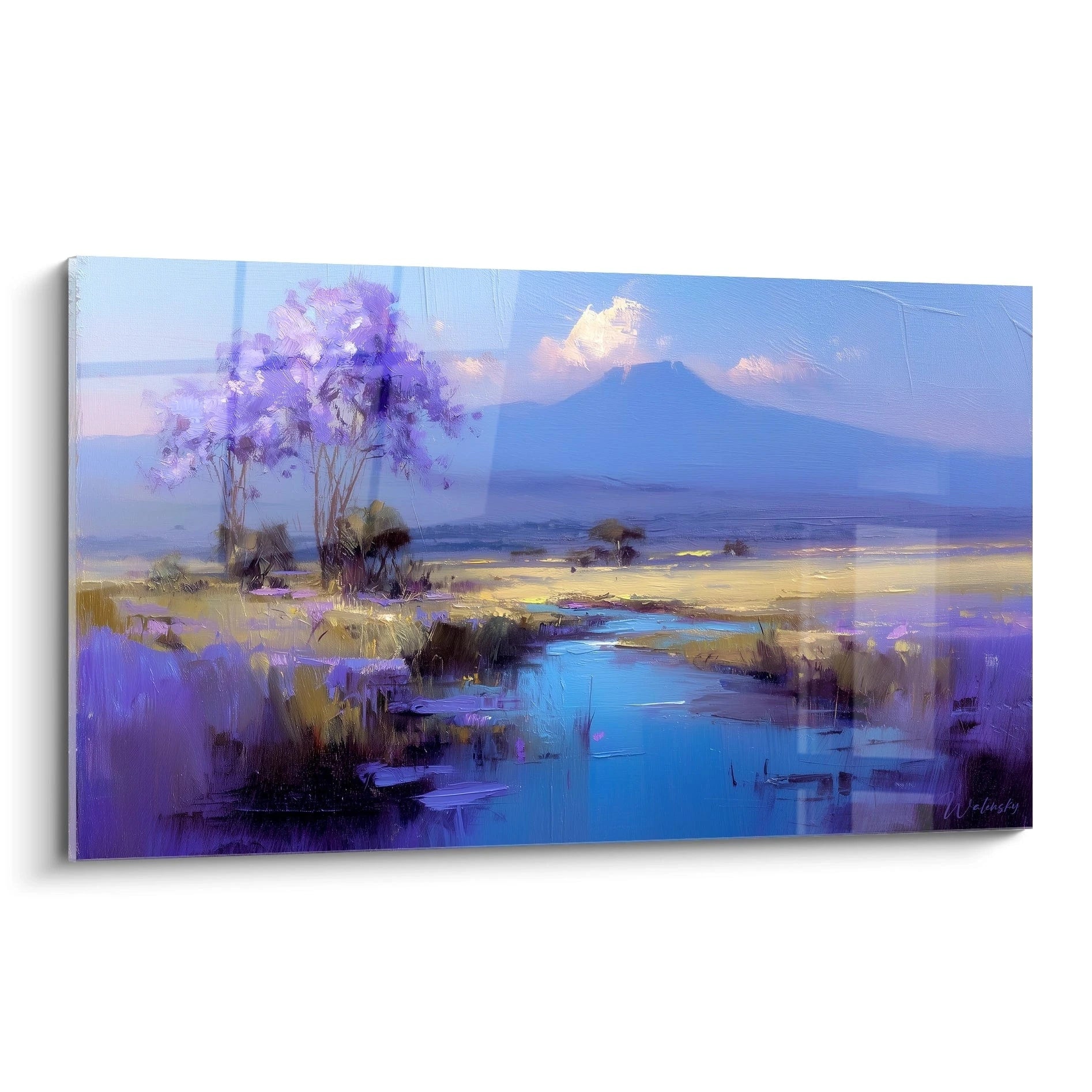 Tableau mural paysage africain avec des arbres violets et des montagnes en arrière-plan