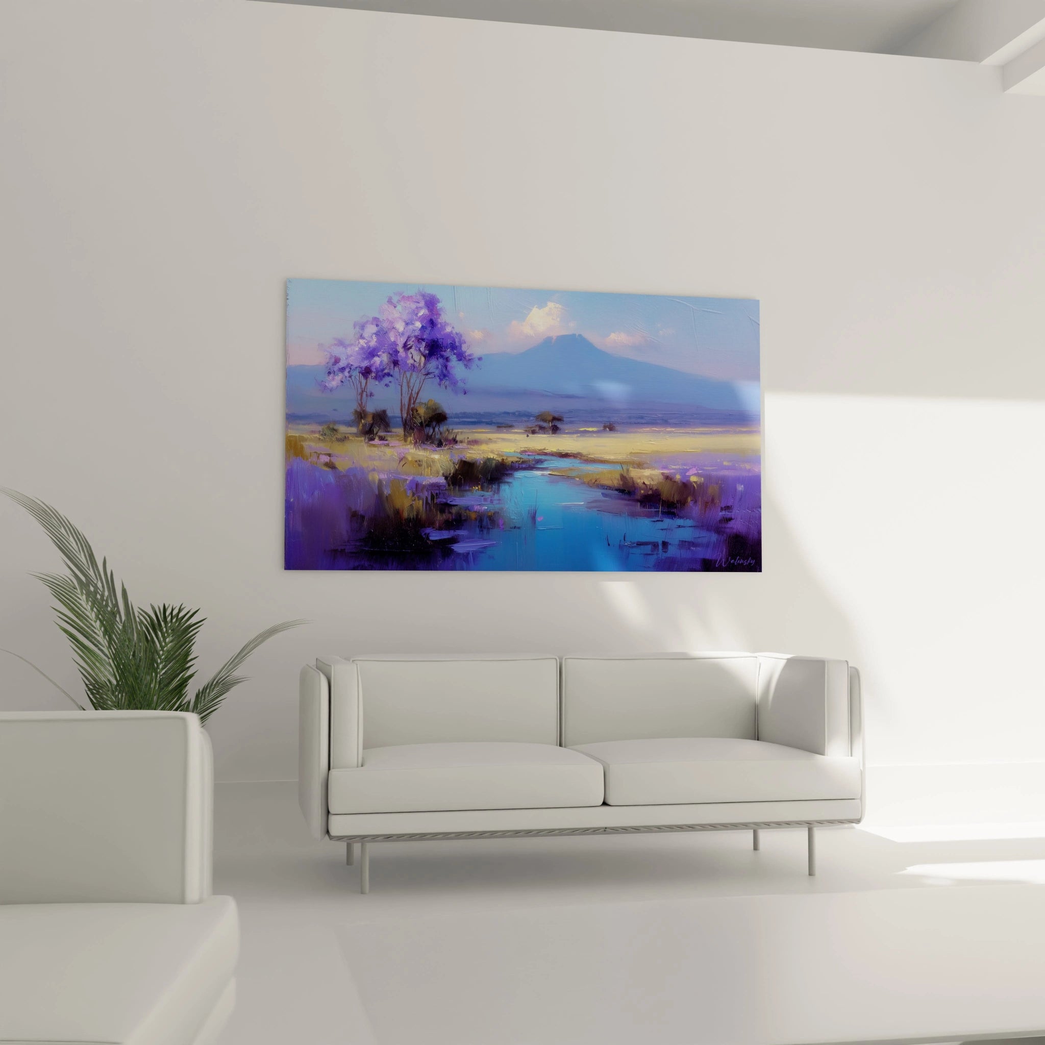 Tableau mural paysage africain avec un arbre violet et des montagnes en arrière-plan