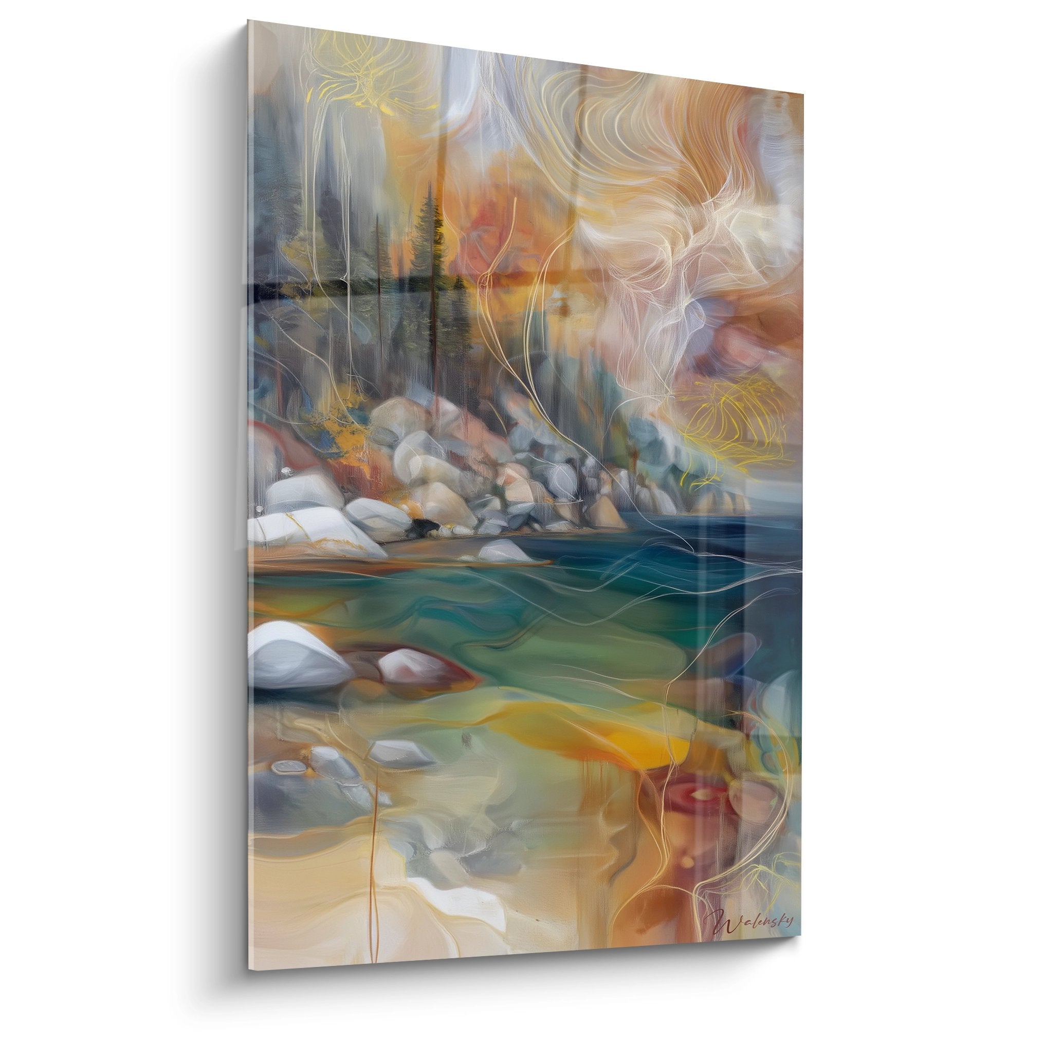 Tableau mural rivière de montagne abstraite aux reflets cristallins et rochers immergés