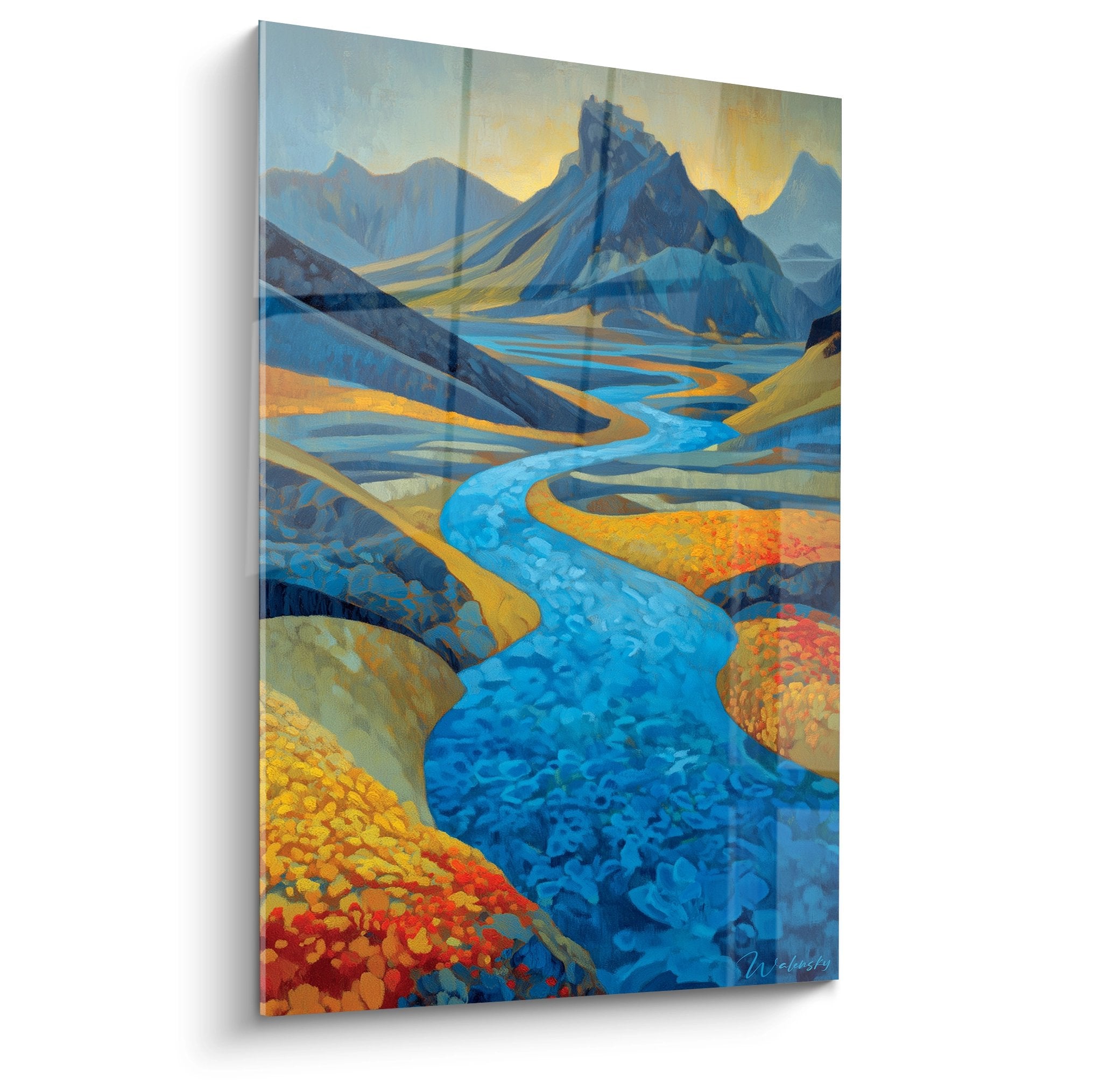 Tableau mural rivière de montagne aux couleurs dorées et bleues - édition Volcan art décoratif