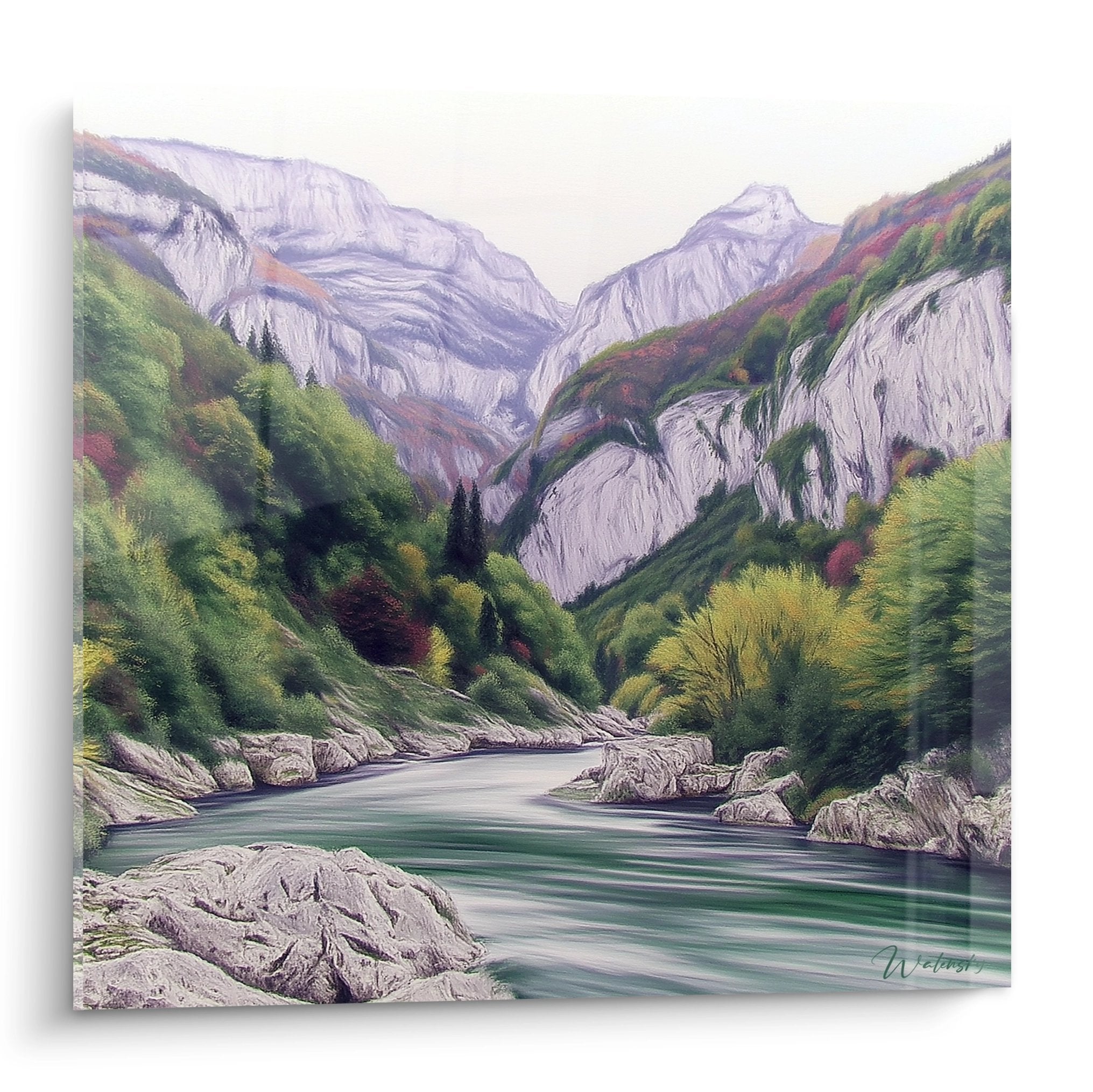 Tableau mural rivière de montagne dans gorges avec falaises rocheuses et végétation luxuriante