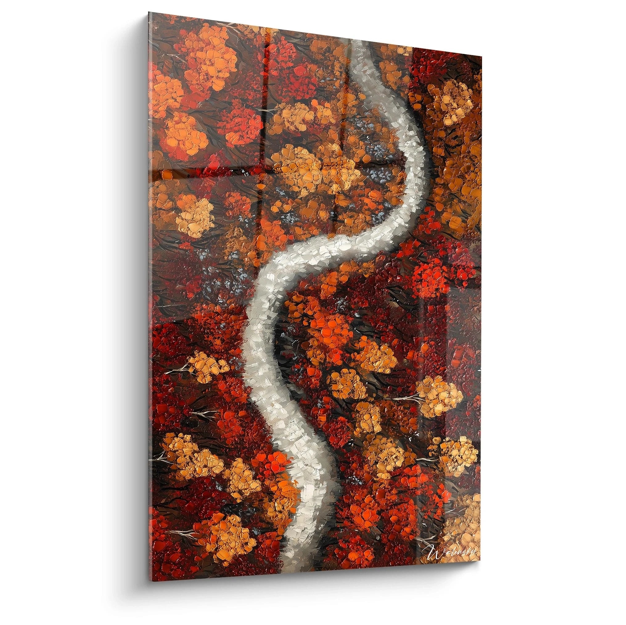 Tableau forêt Walensky avec rivière sinueuse et arbres aux feuillages rouges et oranges