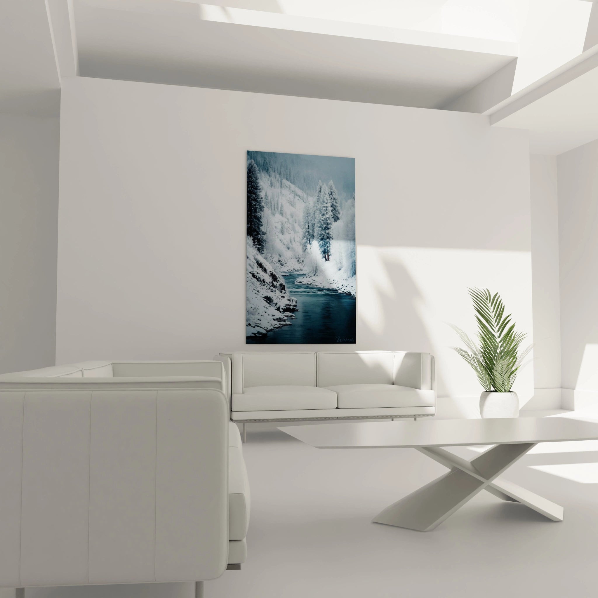 Walensky tableau rivière hivernale mural avec paysage neigeux et rivière bleue dans salon minimaliste