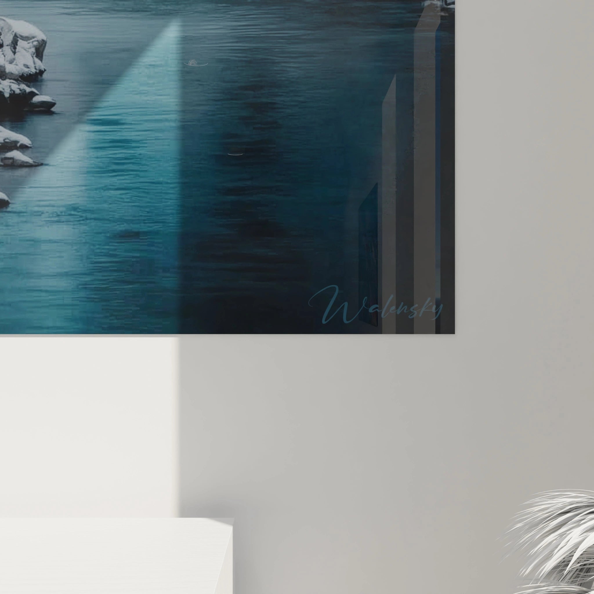 Tableau mural Walensky montrant un tableau rivière hivernale aux textures épaisses et reflets colorés