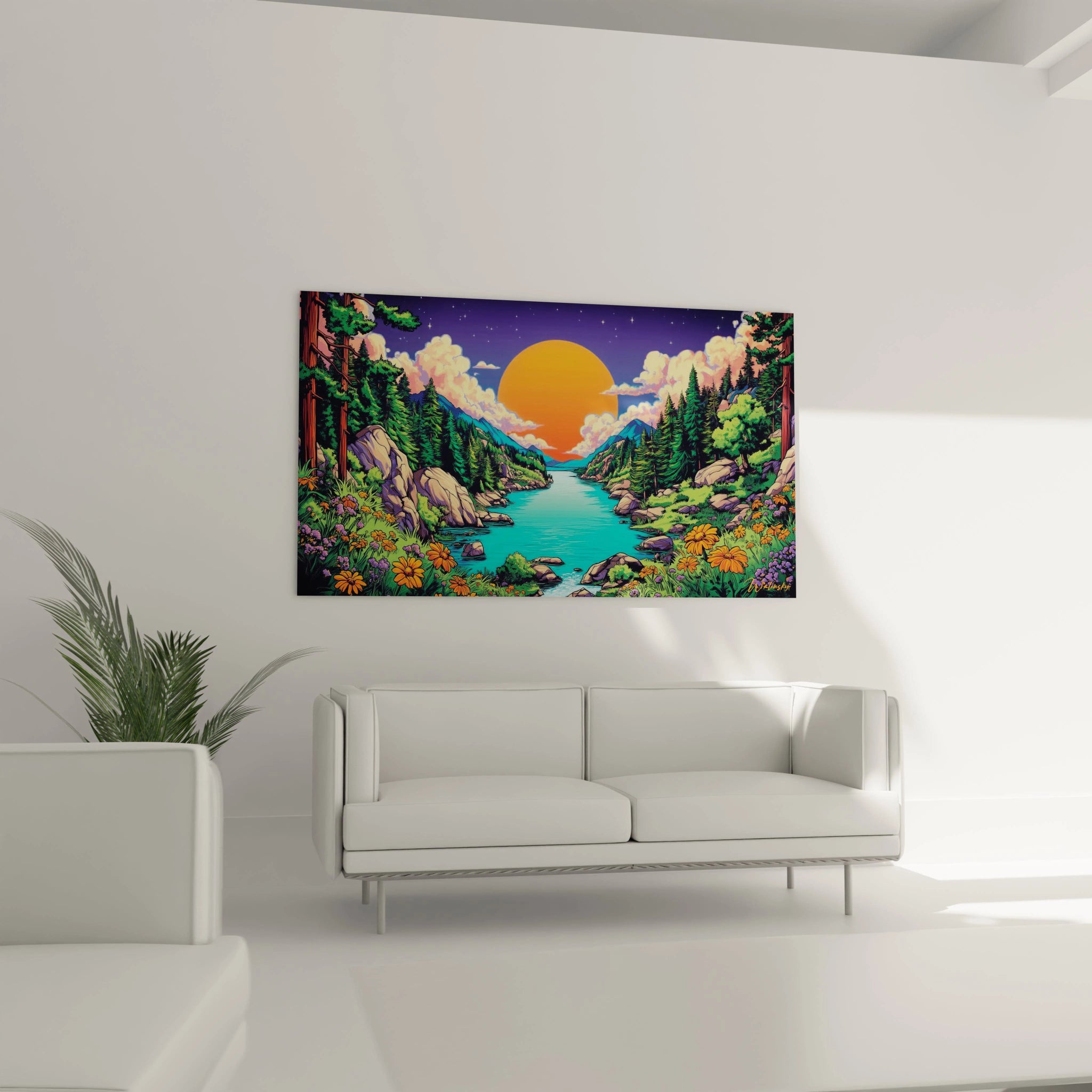 Détail tableau rivière turquoise et fleurs tropicales colorées dans style illustration bande dessinée