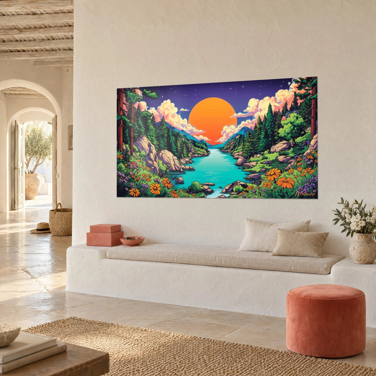 Quadro valle di conifere scure che costeggiano un fiume blu, cielo viola stellato, su una parete bianca di una casa mediterranea