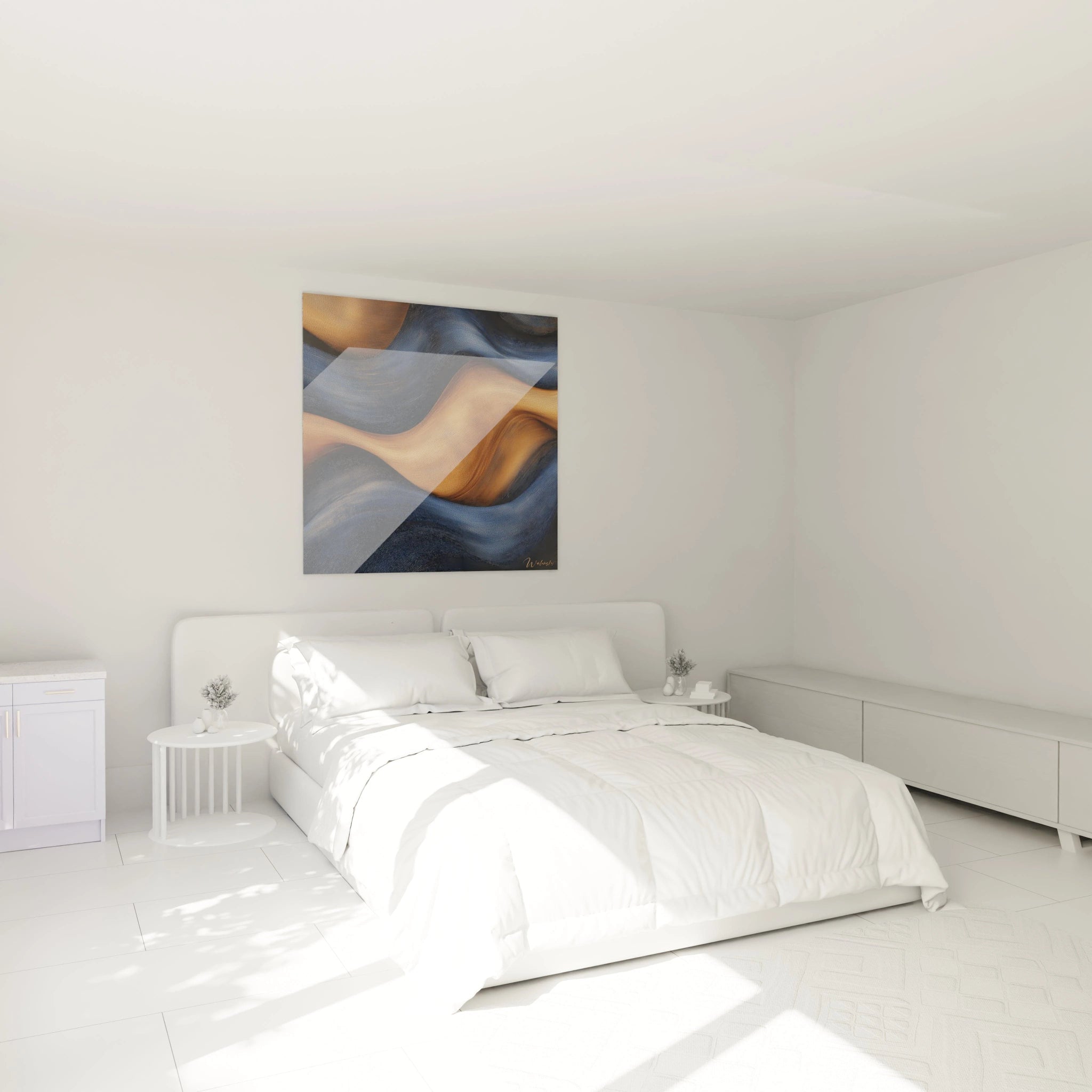 Tableau abstrait Walensky avec textures en bleu et beige pour une décoration moderne de chambre