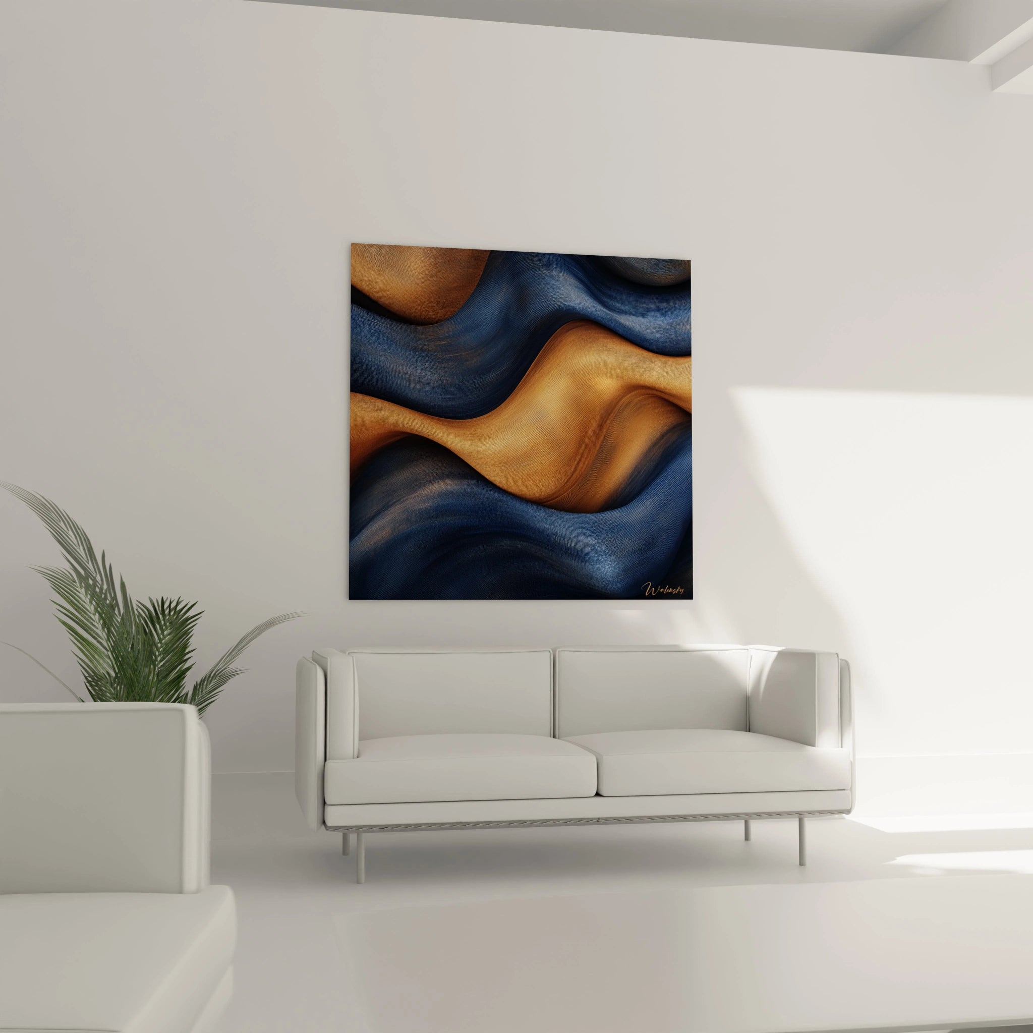 Tableau texture abstrait de Walensky en bleu et or, ajoutant une touche moderne à la décoration intérieure