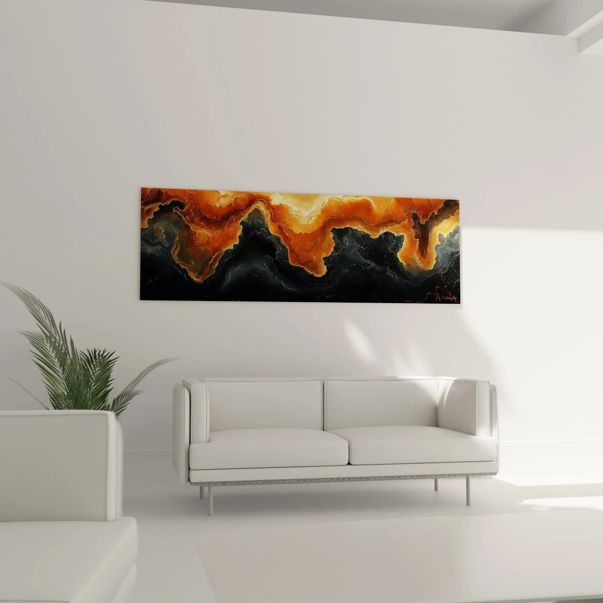Tableau expressionniste abstrait avec des nuances d'orange et de noir, créé par Walensky, décor moderne