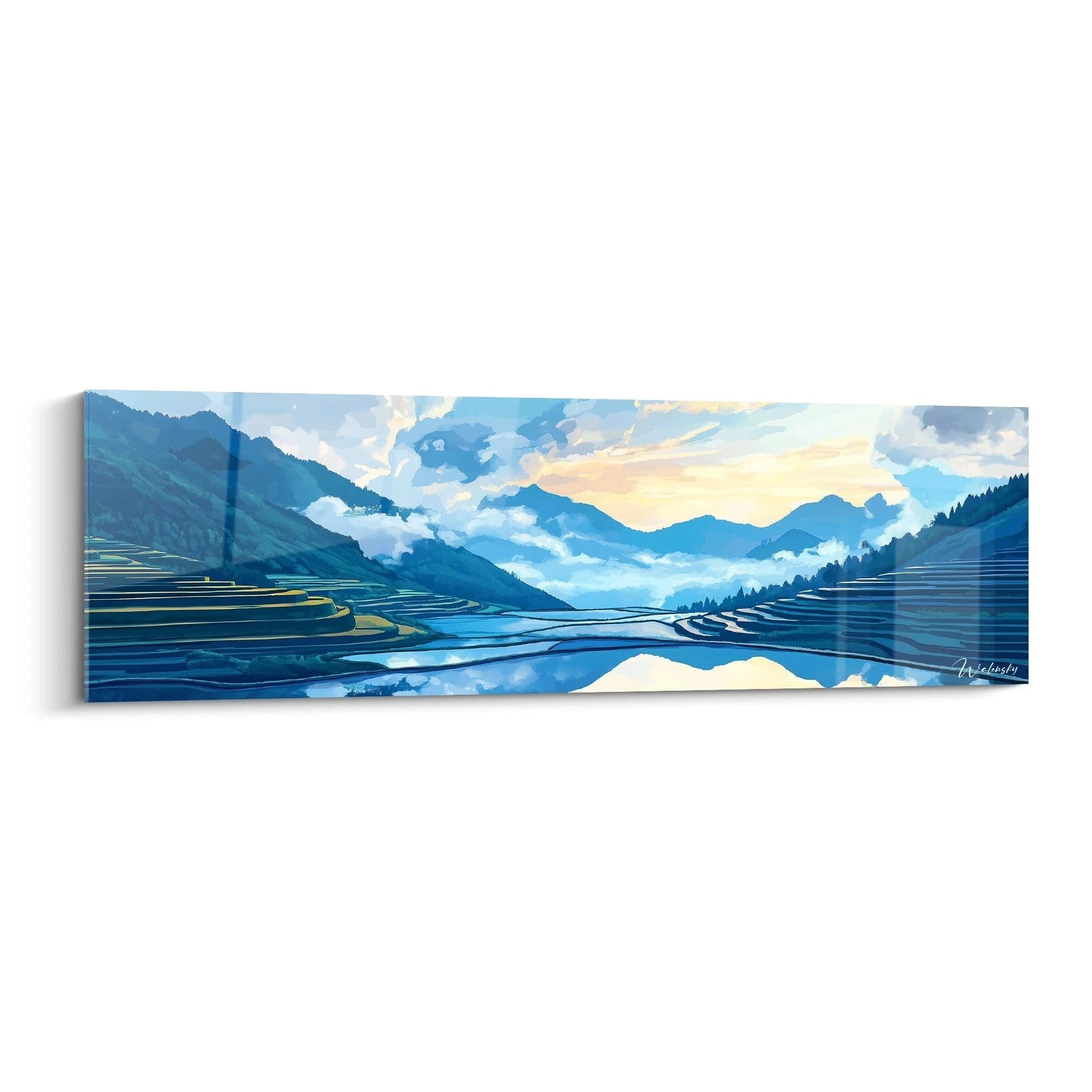 Un tableau artistique présentant un paysage de rizières en terrasses entourées de montagnes bleues. L'eau des rizières reflète parfaitement le ciel et les sommets, créant une symétrie. La composition alterne entre teintes bleues dominantes, accents jaunes et blancs, avec des textures lisses et des lignes géométriques définissant les terrasses.