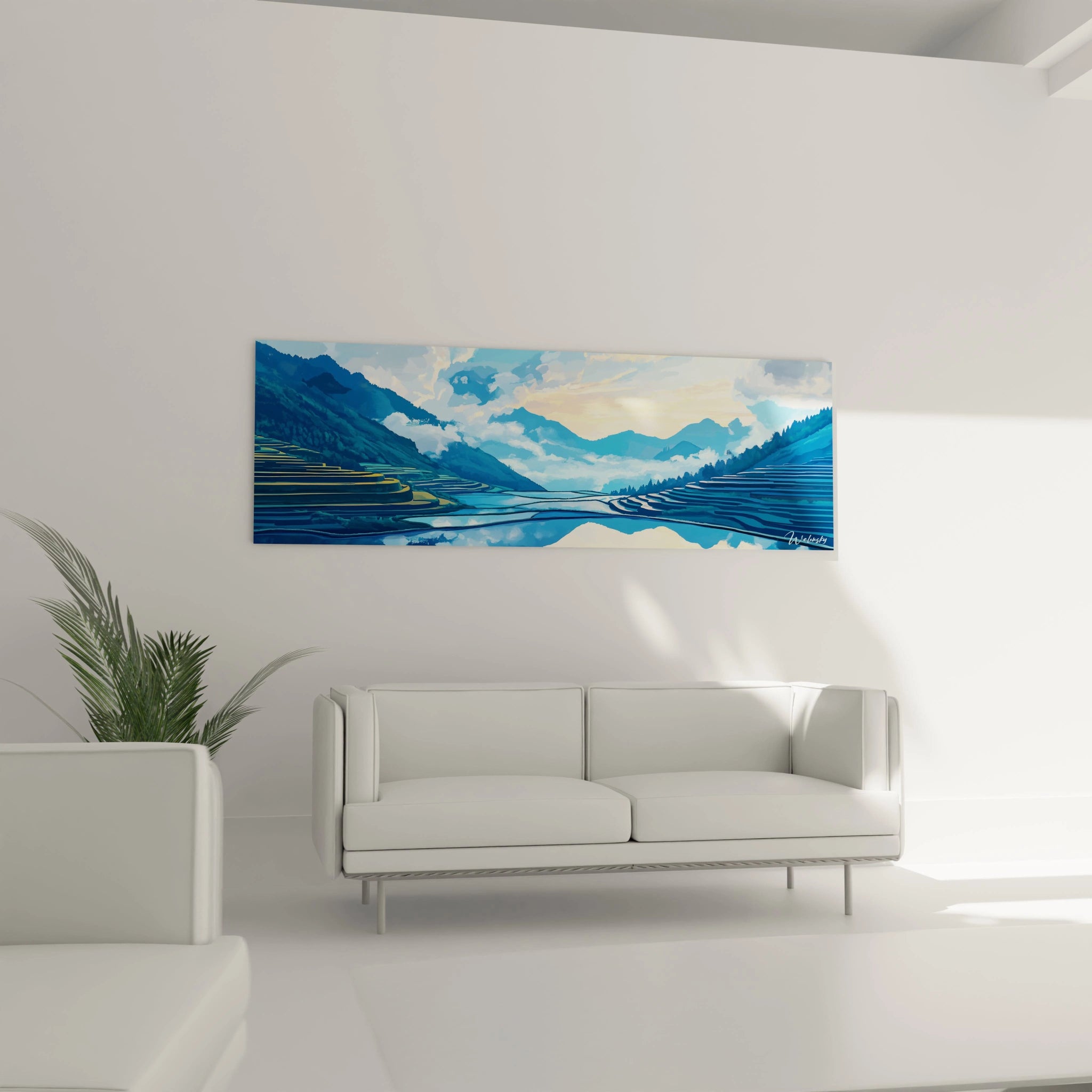 Un tableau montagne panoramique montrant une vallée avec des cultures en terrasses inondées entre deux chaînes de montagnes bleues. Le ciel clair aux teintes jaunes se reflète dans l'eau des rizières, créant un effet miroir. Les textures sont lisses avec des dégradés subtils de bleus et des contours nets définissant chaque niveau de terrasse.