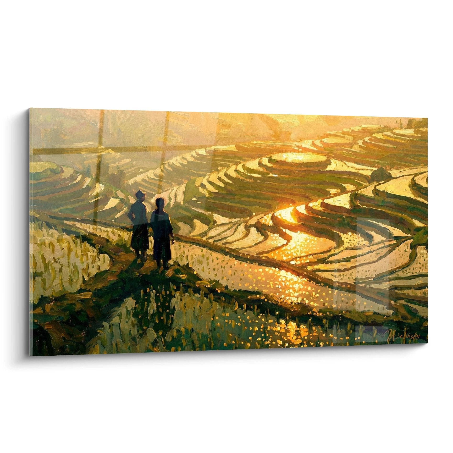 tableau rizieres terrasses bali coucher soleil dore reflets eau silhouettes contemplatives paysage tropical