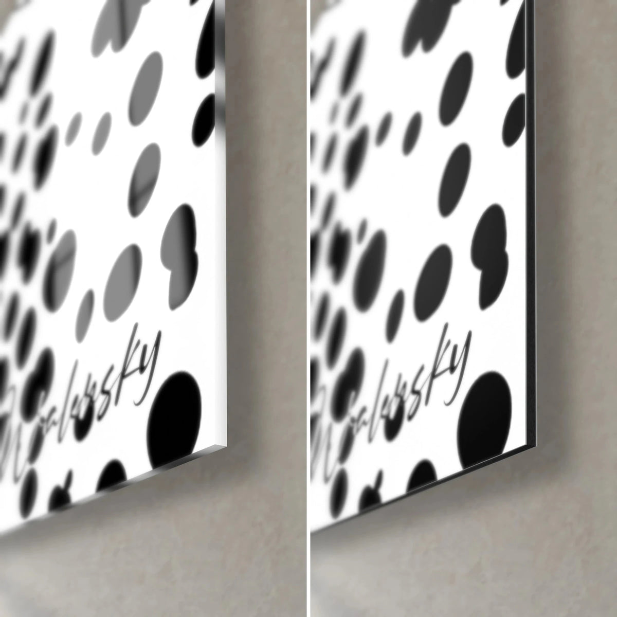Tableau robe à pois noirs sur blanc, coin bas droit : verre acrylique brillant à gauche, Dibond mat à droite, tranche de 3 mm