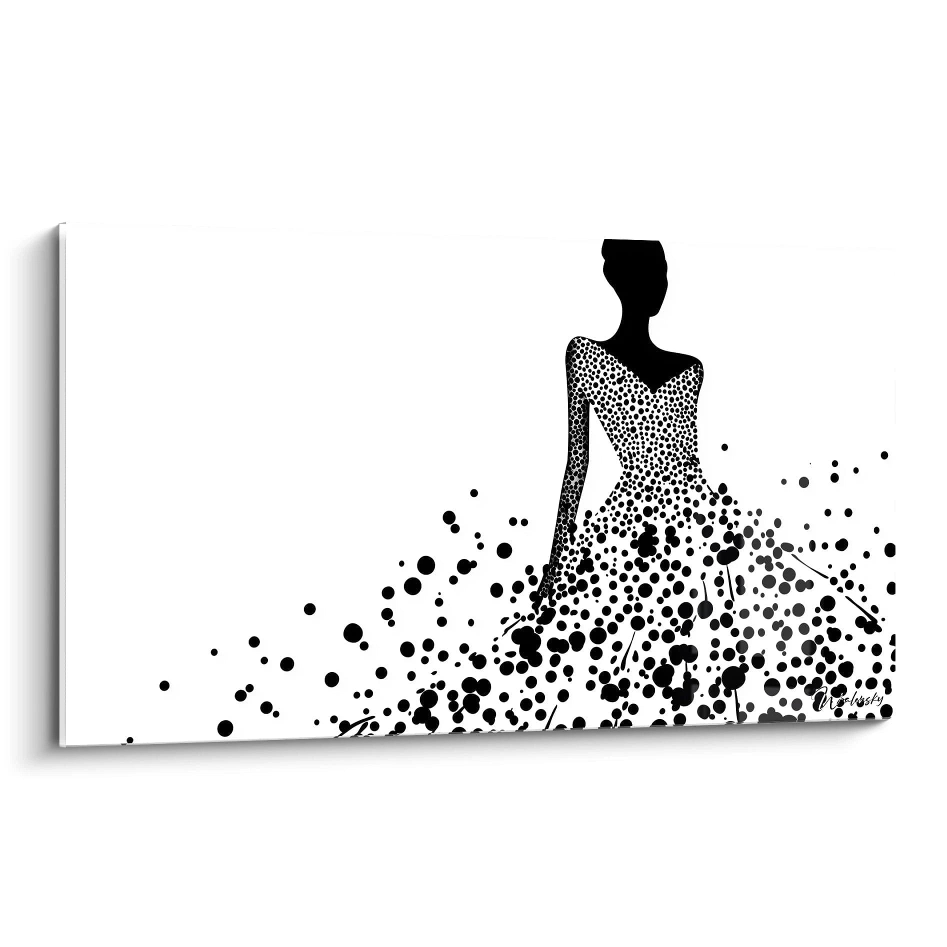 Tableau tacheté noir et blanc de silhouette féminine en robe élégante par Walensky