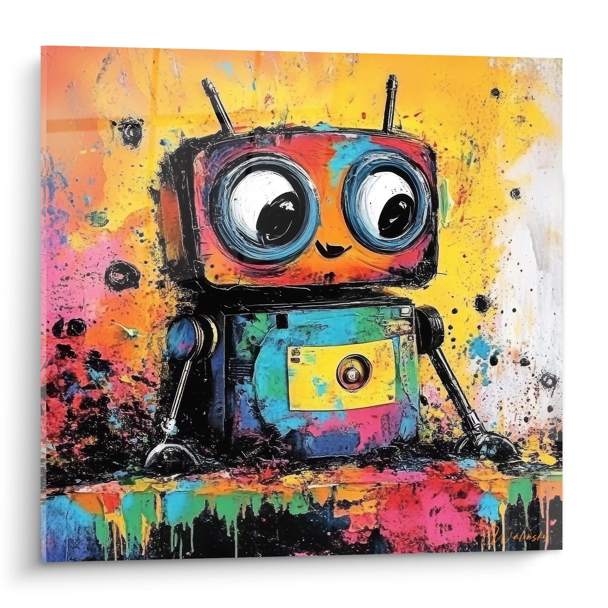 Tableau mural robot coloré style street art avec éclaboussures peinture fond orange