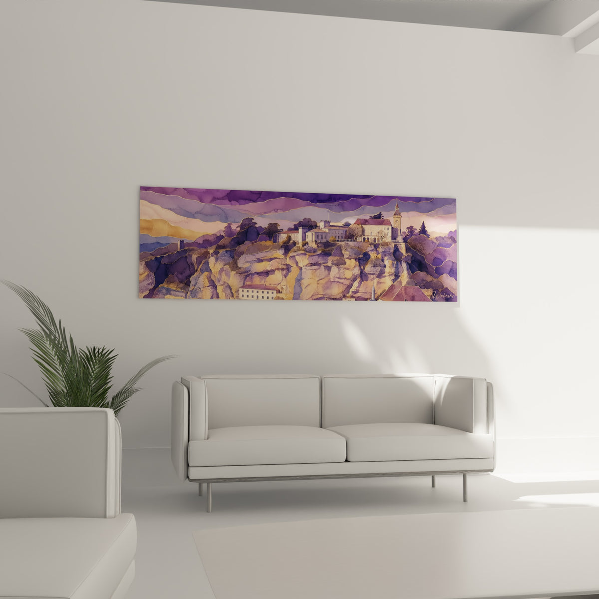 Falaises dorées et clocher de Rocamadour sous un ciel lavande, au-dessus d'un canapé dans un salon lumineux