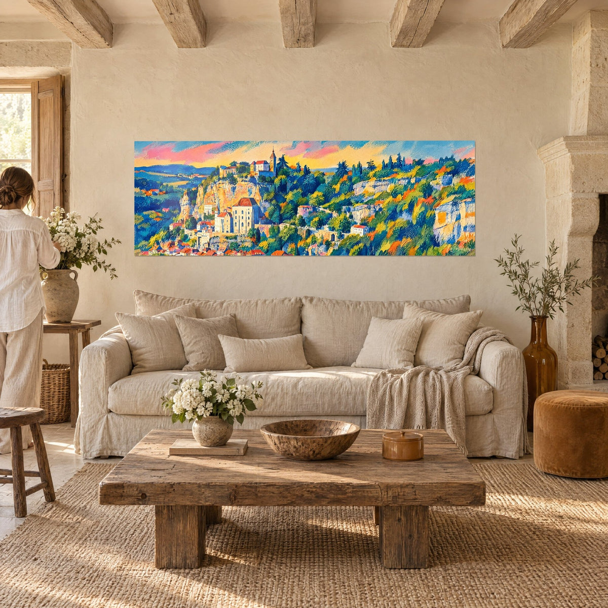 Falaise ocre et village crème de Rocamadour, peinture au-dessus d'un lit dans une chambre claire