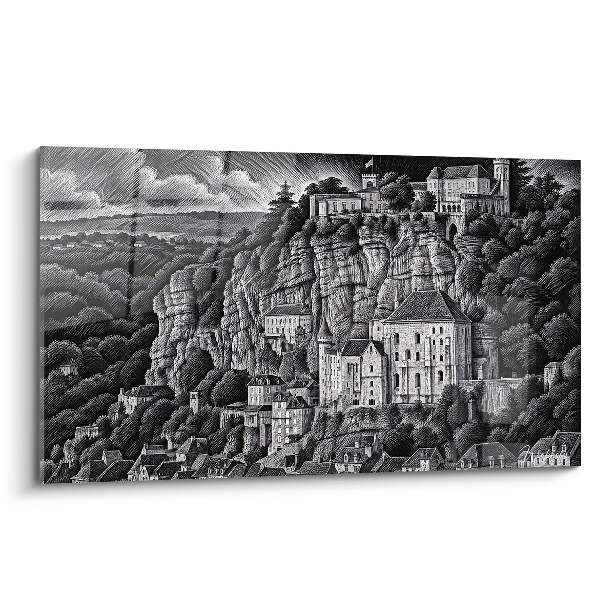 Rocamadour en noir et blanc, falaise anthracite et sanctuaire blanc, gravure détaillée au trait fin