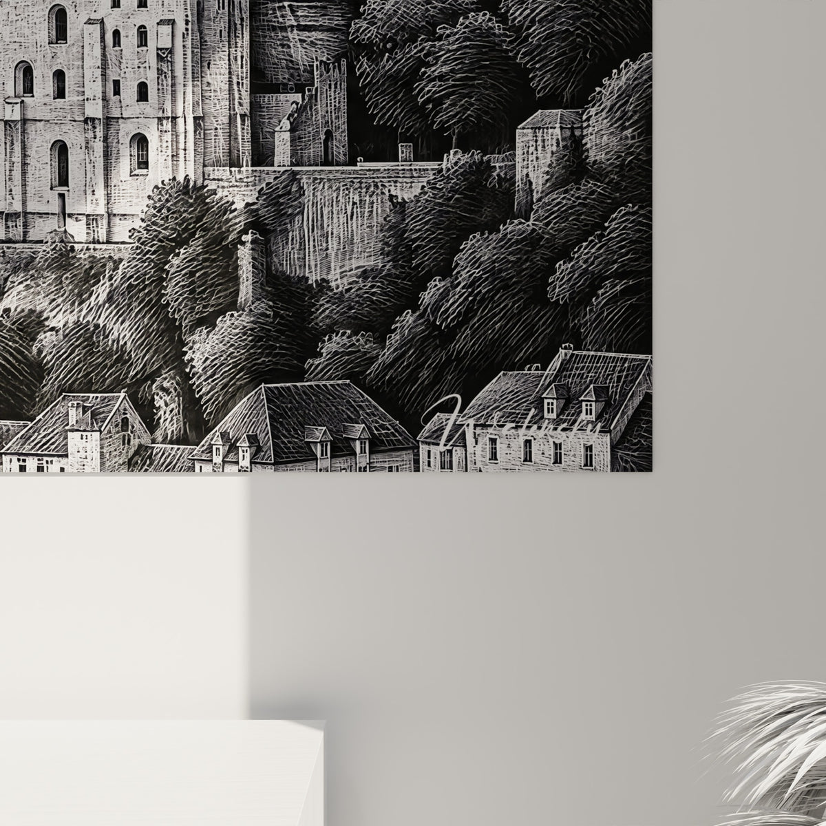 Hachures fines noir et blanc de la falaise de Rocamadour, grain de l'impression et reliefs de pierre visibles de près