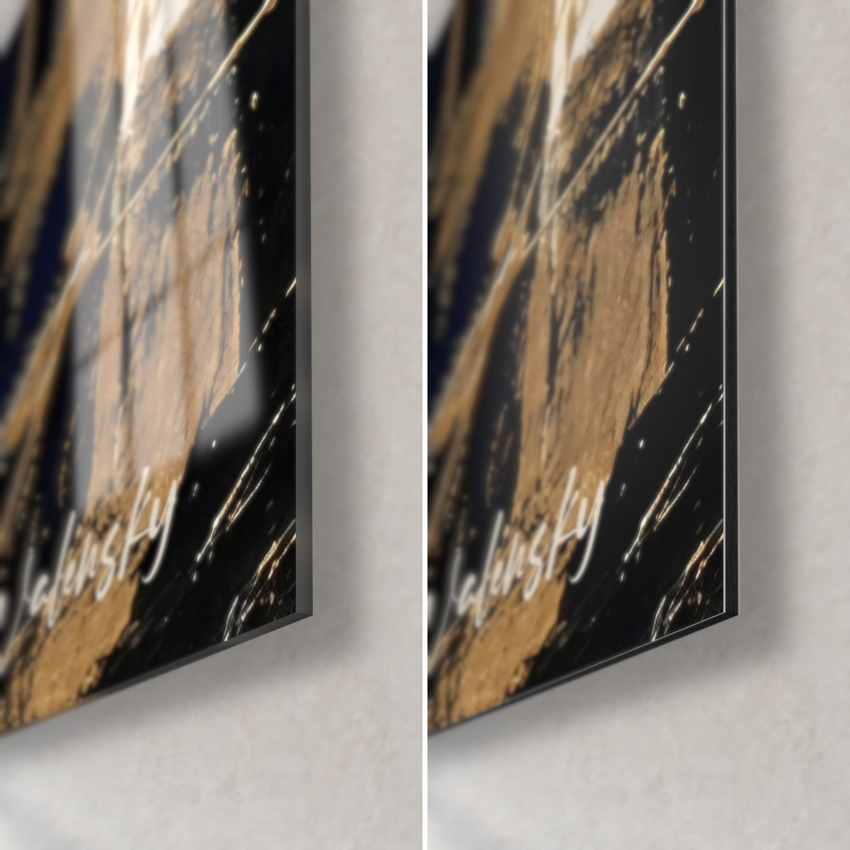 Wall art white fortress in palette-knife painting, bottom right corner: glossy acrylic glass on the left, matte black and gold Dibond on the right